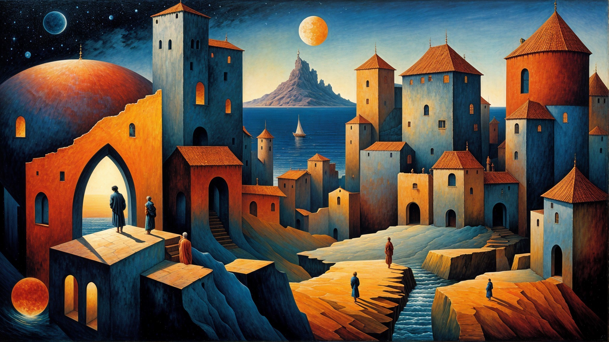 Surreal Landscape with Colorful Structures and Sea