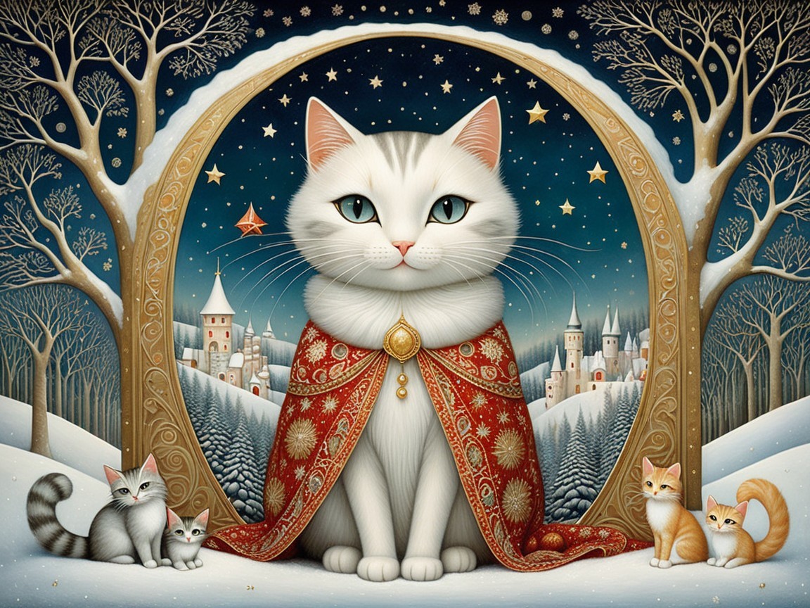 Regal White Cat in Red Cape Surrounded by Colorful Cats