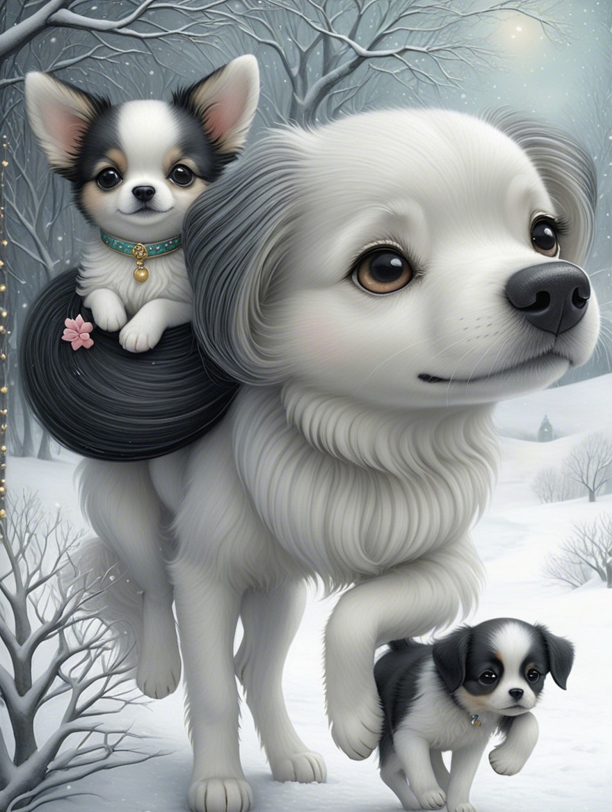 Winter Landscape with Three Playful Dogs and Snowflakes