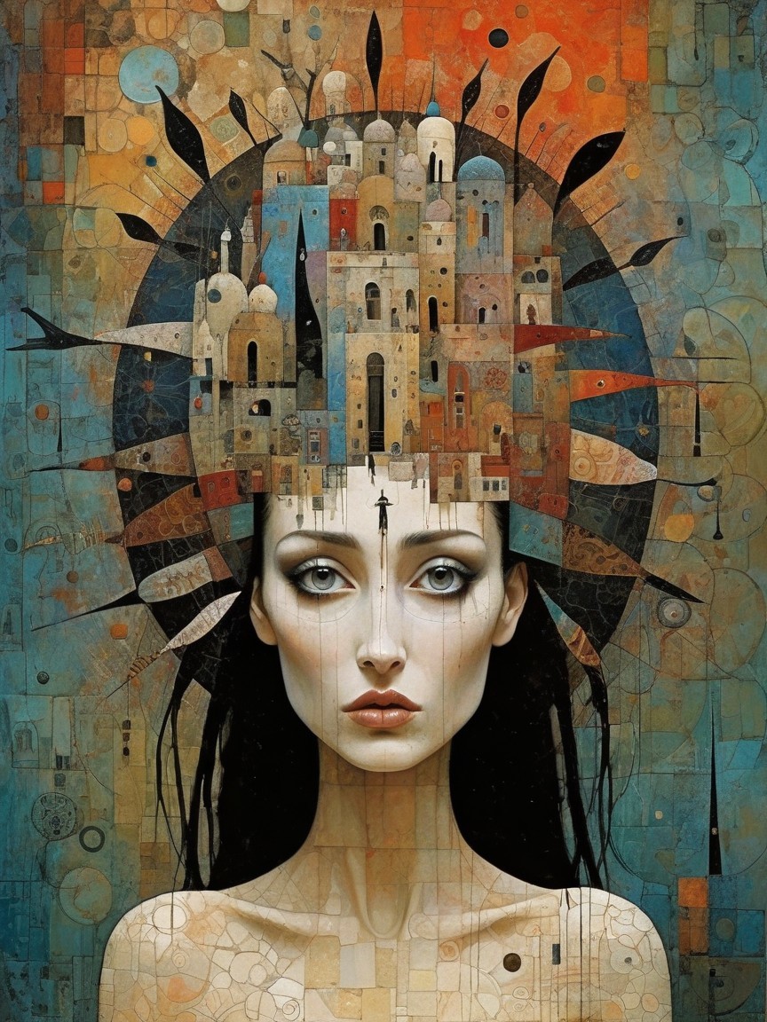 Portrait of a Woman with Cityscape Crown and Background