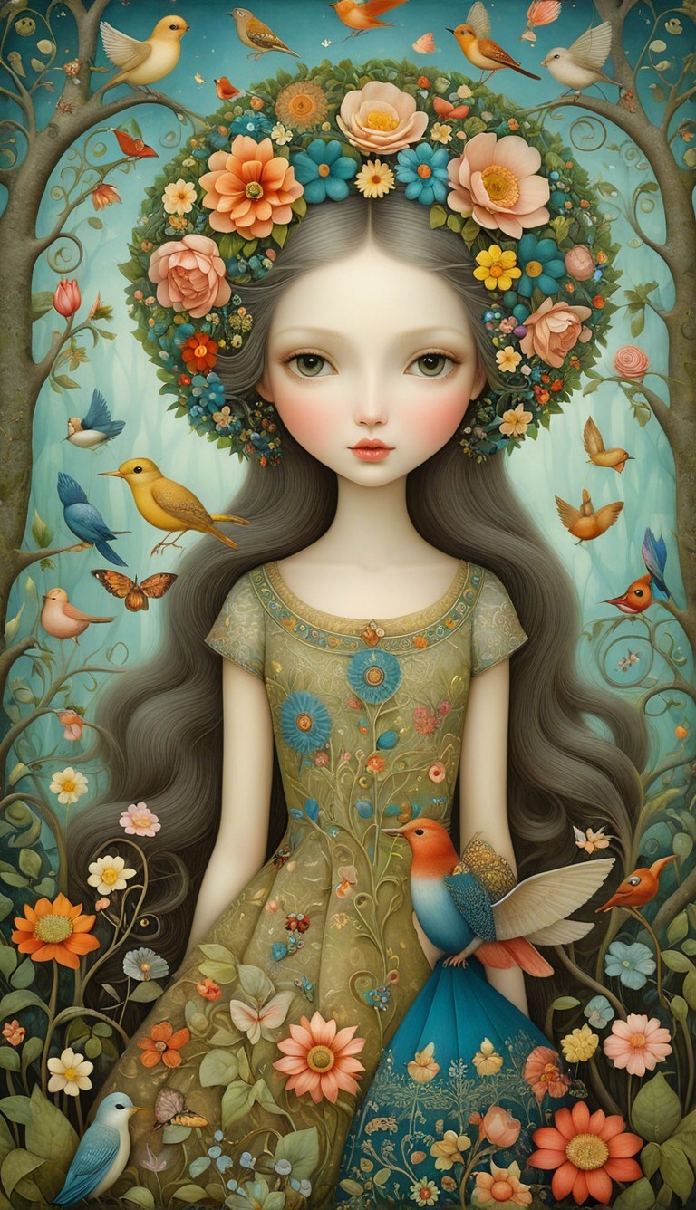 Whimsical Portrait of a Girl in Floral Landscape