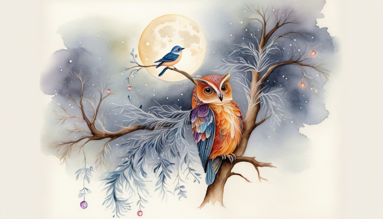 Illustration of an owl on a branch with a moonlit backdrop