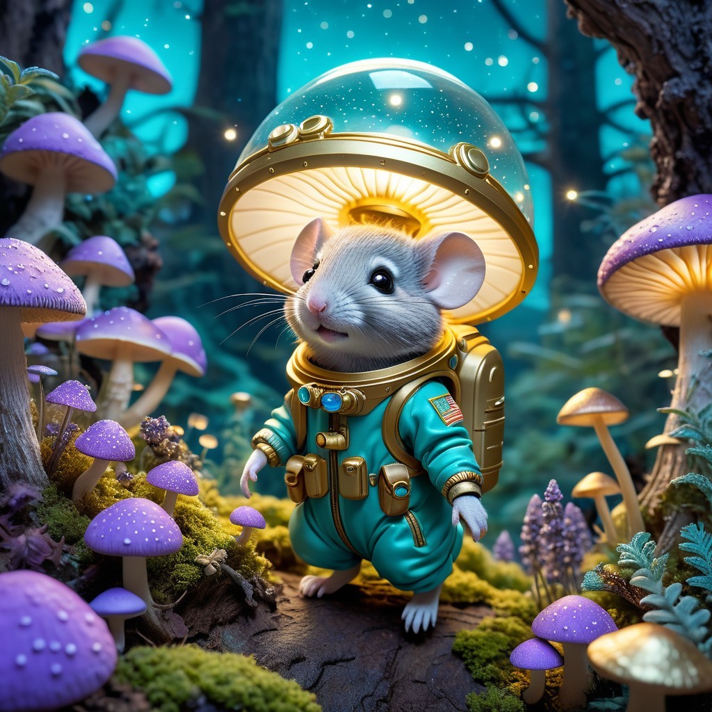 Mouse in Turquoise Spacesuit in Enchanted Forest
