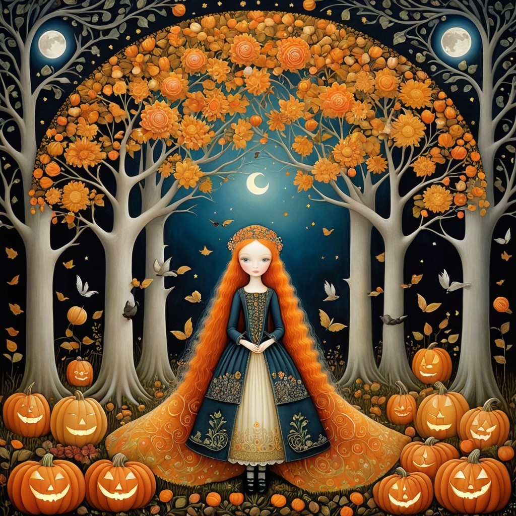 Whimsical Autumn Forest with Girl in Blue Gown
