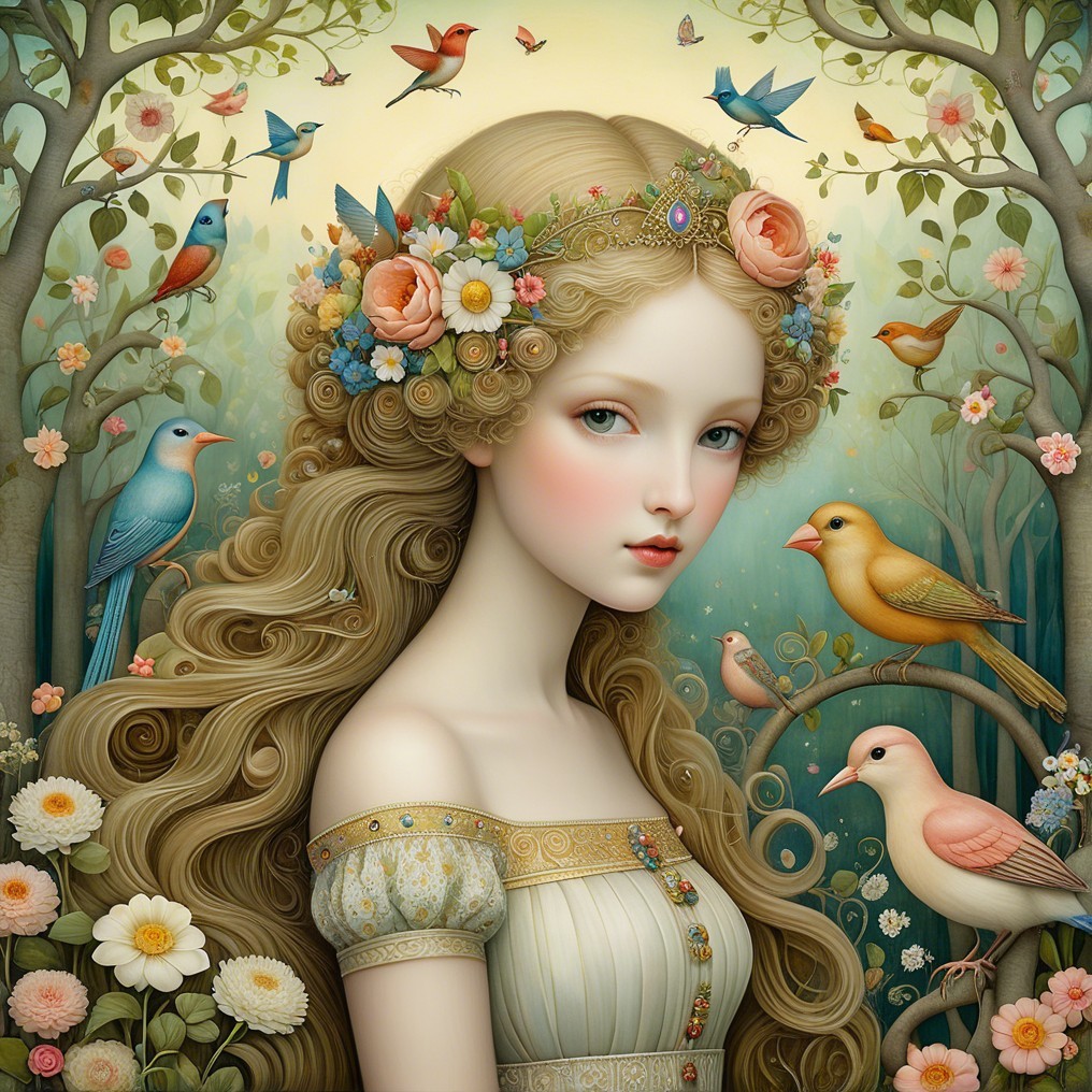 Serene Girl with Floral Crown in Enchanting Forest