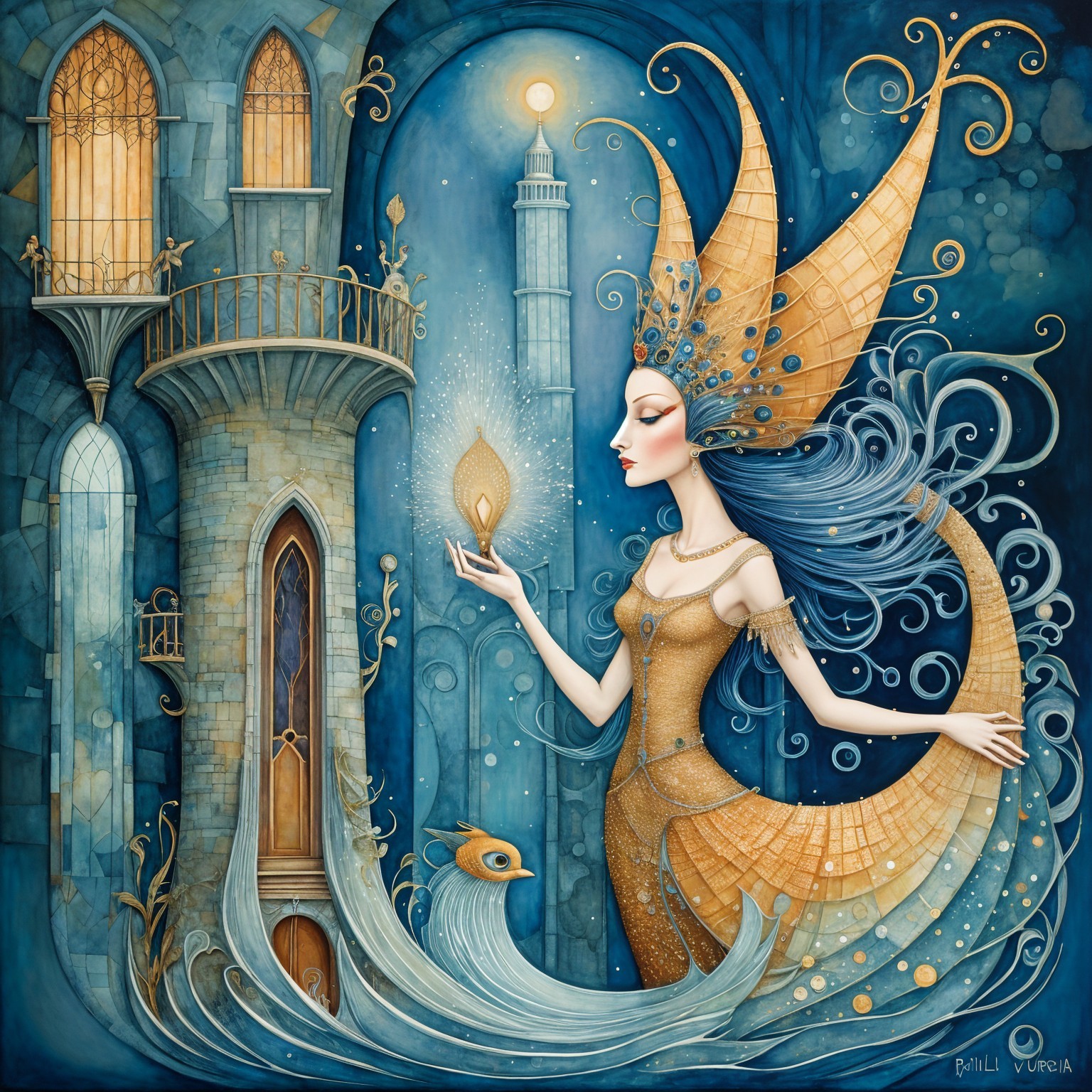Serene Figure in Golden Gown Amidst Ocean Waves