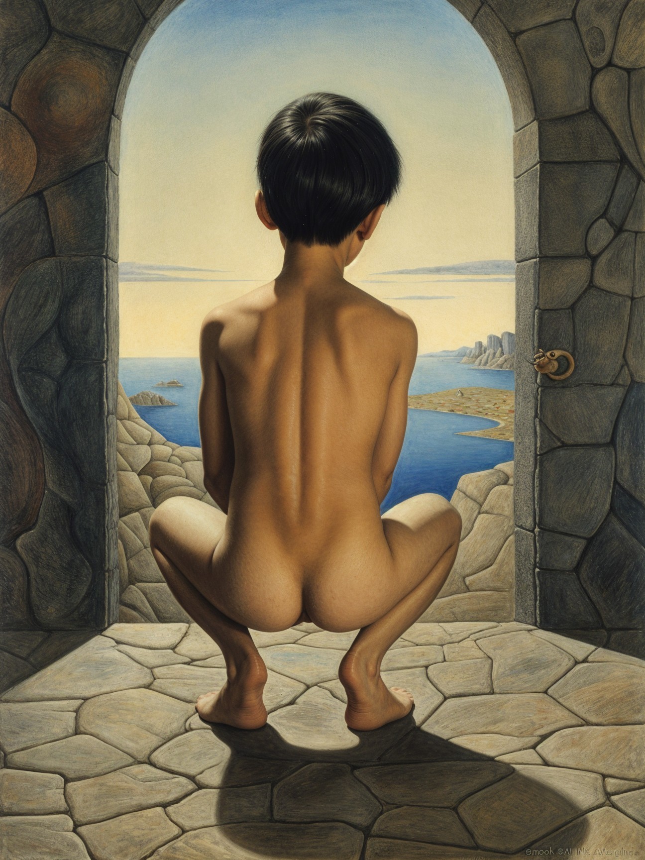 Young Boy by Arched Stone Doorway Overlooking Sea