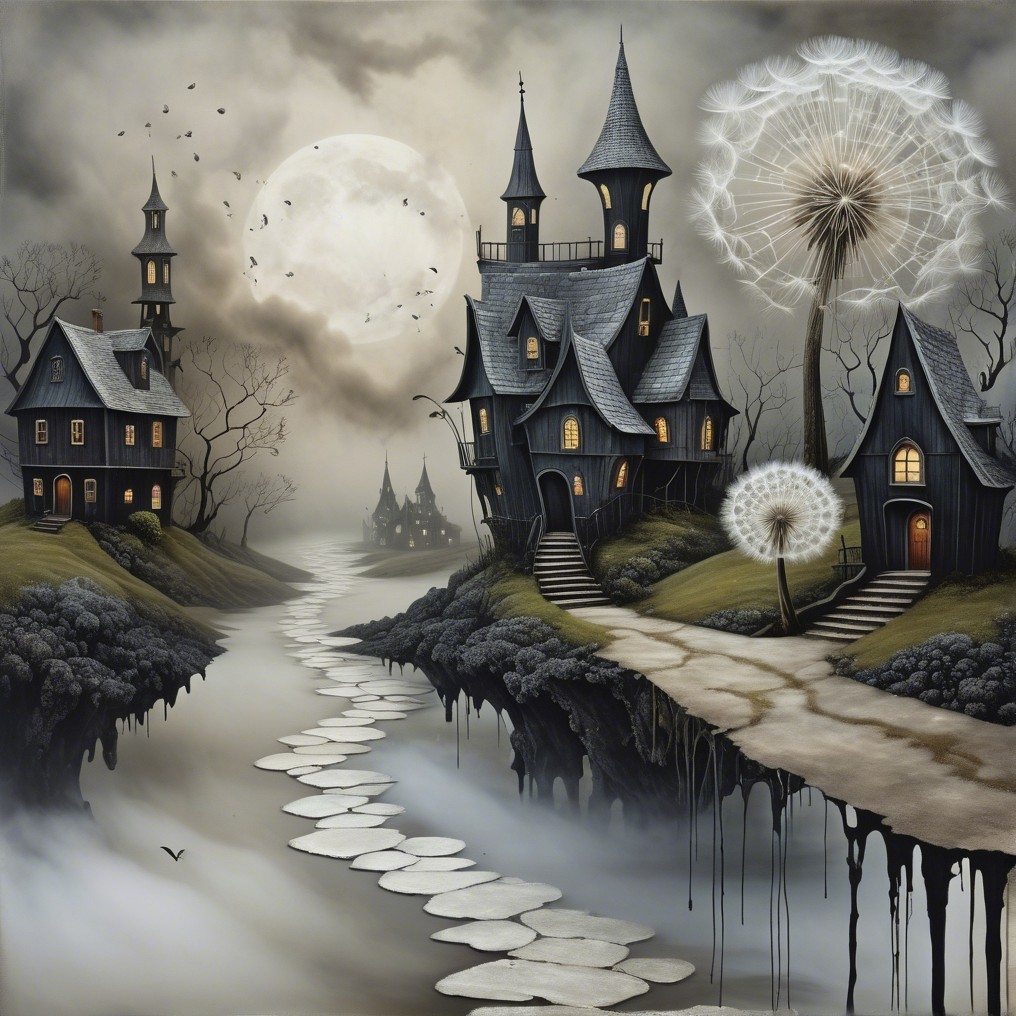 Eerie Gothic Landscape with Ghostly River and Moon