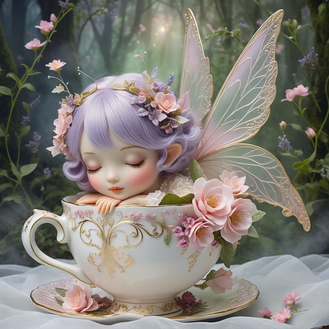 Sleeping Fairy Doll in Teacup with Floral Patterns
