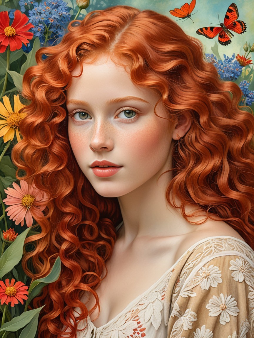 Young woman with red hair in a colorful garden