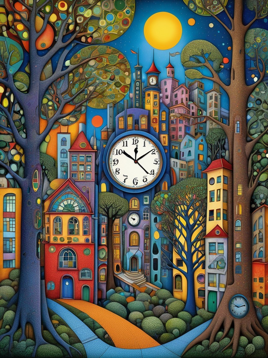 Whimsical Landscape with Colorful Buildings and Clock