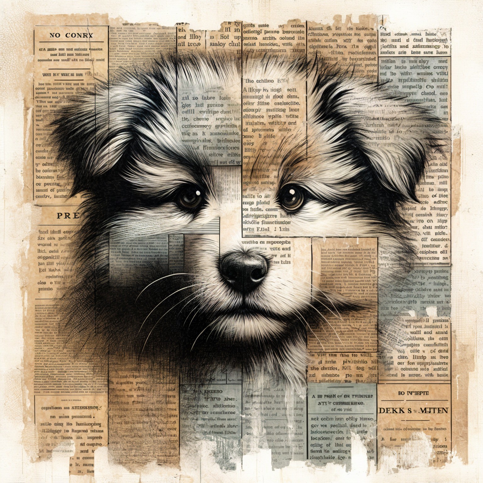 Portrait of a puppy in vintage newspaper collage