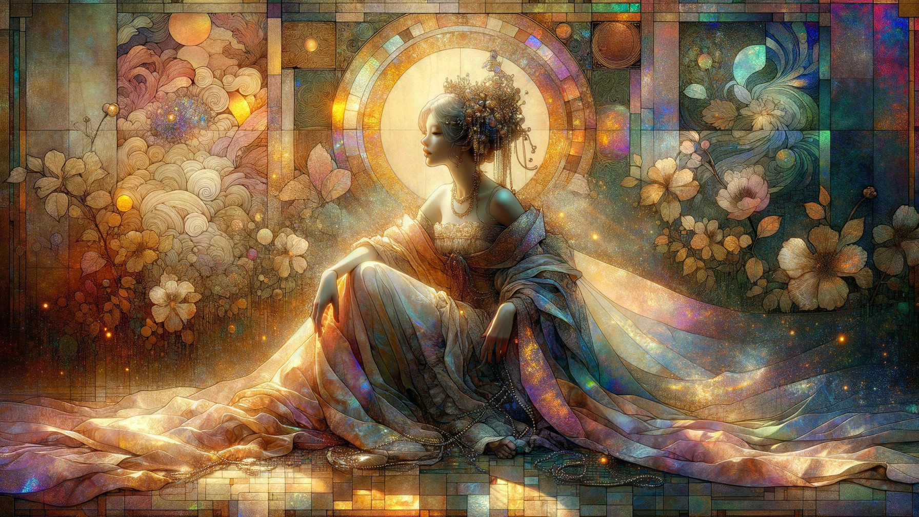 Seated Figure in Ethereal Floral and Stained Glass Setting