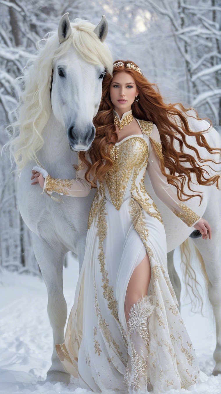Winter Wonderland Scene with Elegant Woman and Horse