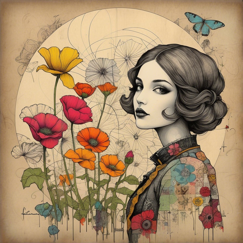Elegant woman with vintage hairstyle and vibrant flowers