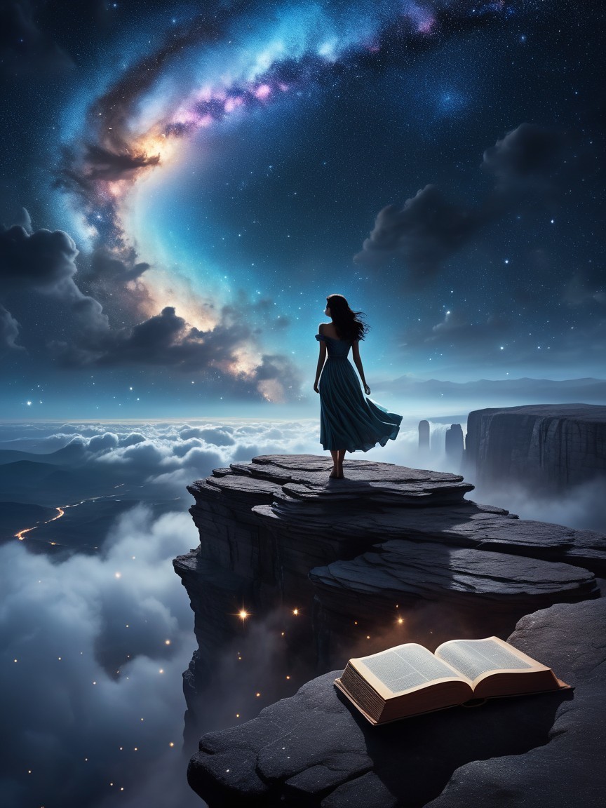 Silhouette of Woman in Blue Dress on Rocky Cliff