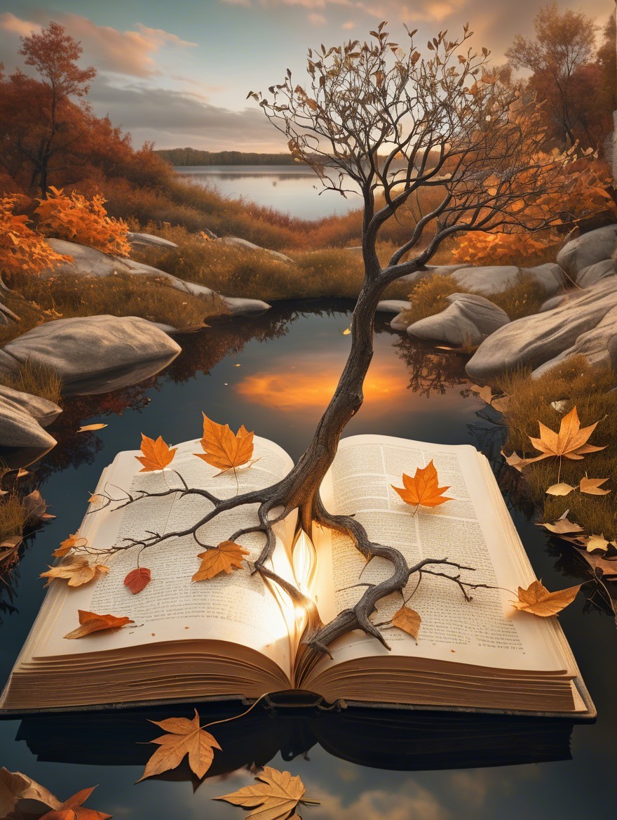 Book and Tree by a Serene Lake at Sunset