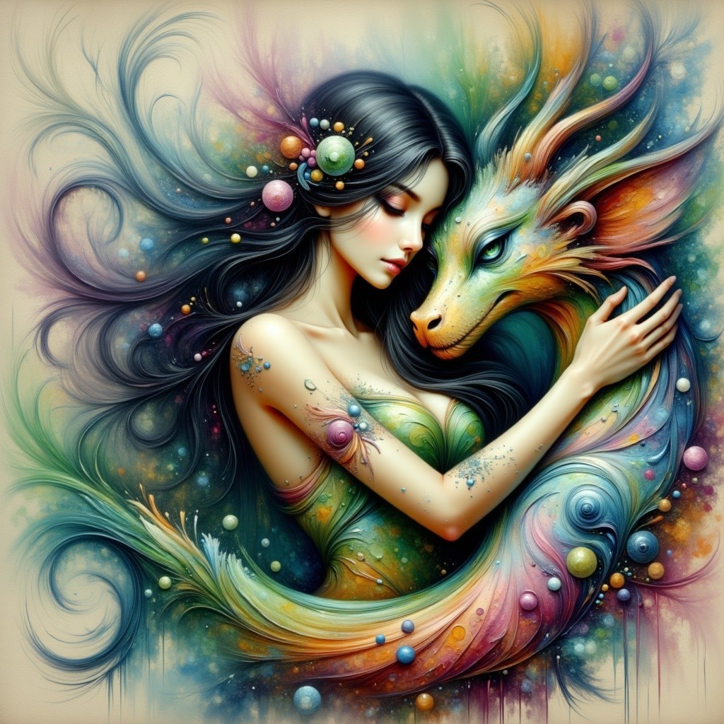 Vibrant Scene of Woman Embracing Colorful Dragon