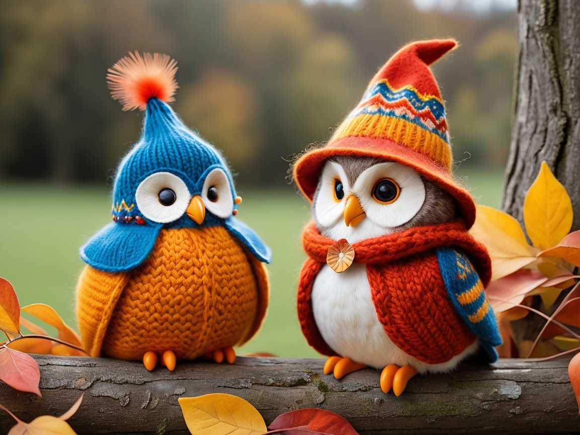 Knitted Owl Figurines on Log with Autumn Leaves