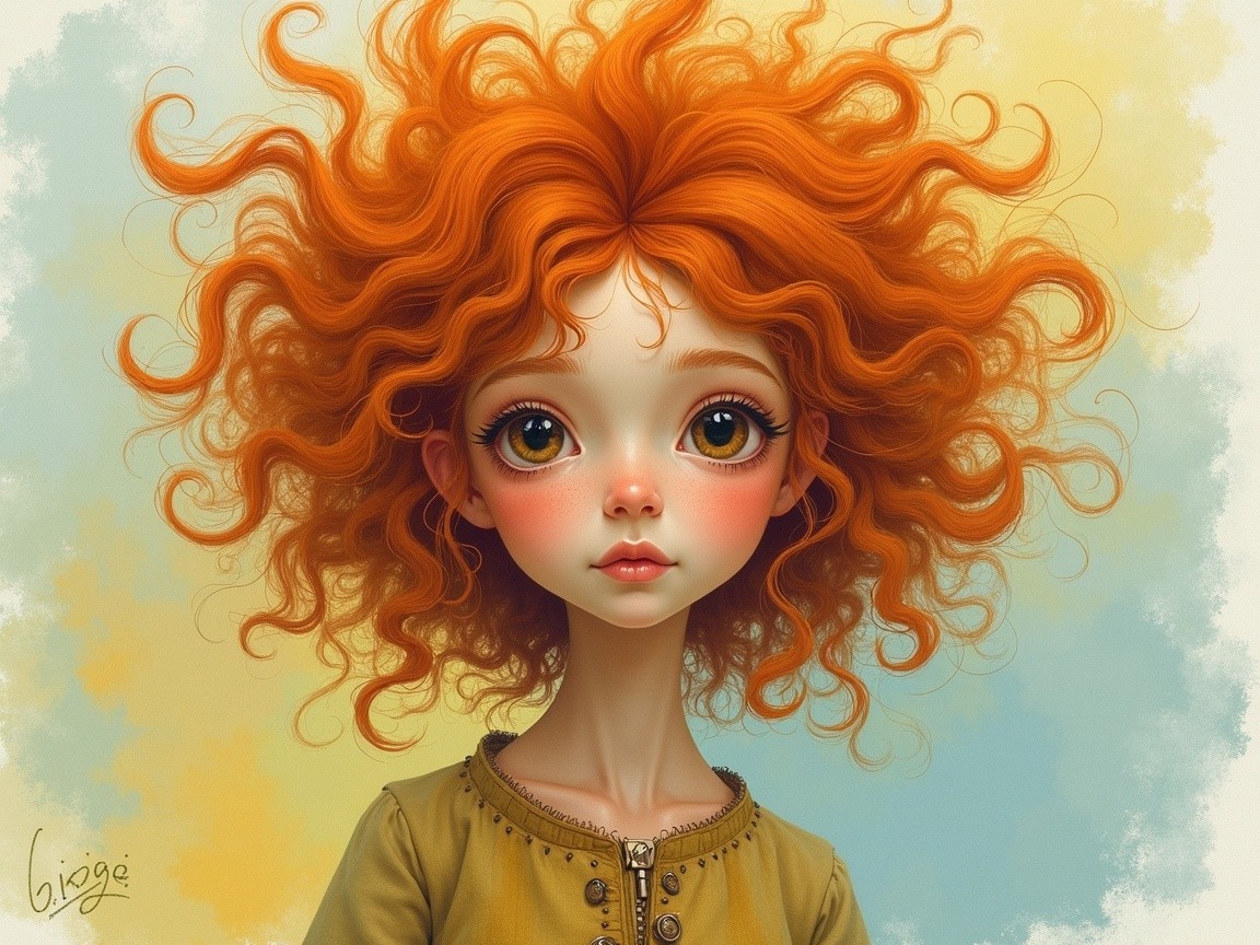 Whimsical Character with Orange Hair and Pastel Background