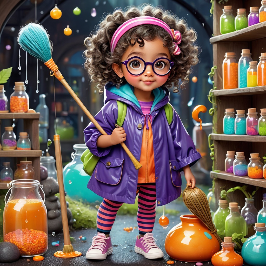 Cheerful girl in whimsical potion shop with colorful decor