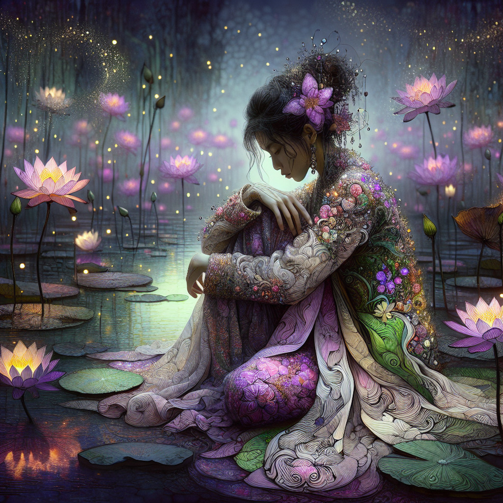 Woman in Floral Attire Surrounded by Lotus Flowers