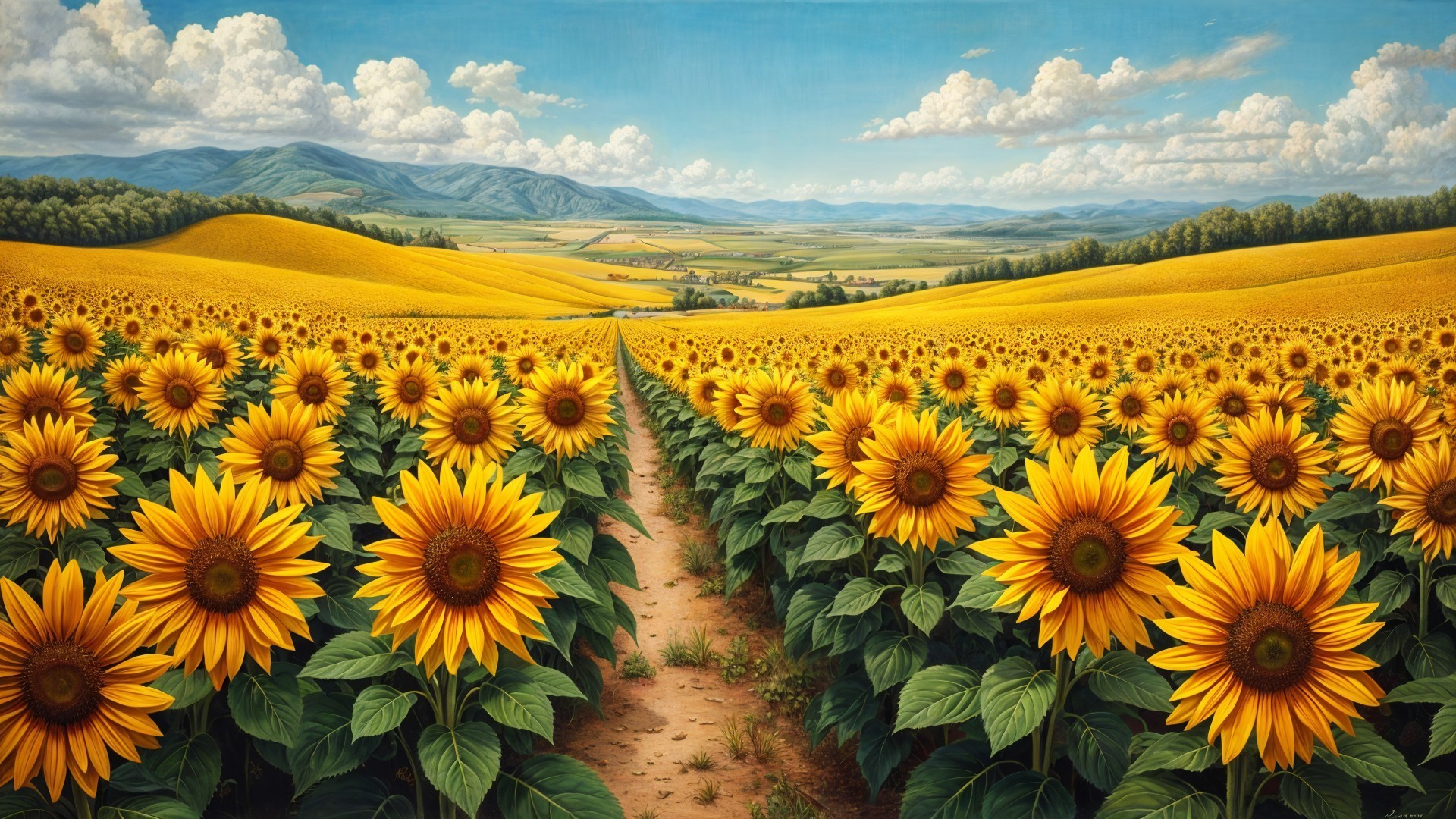 Vibrant Sunflower Field Under Blue Sky and Hills