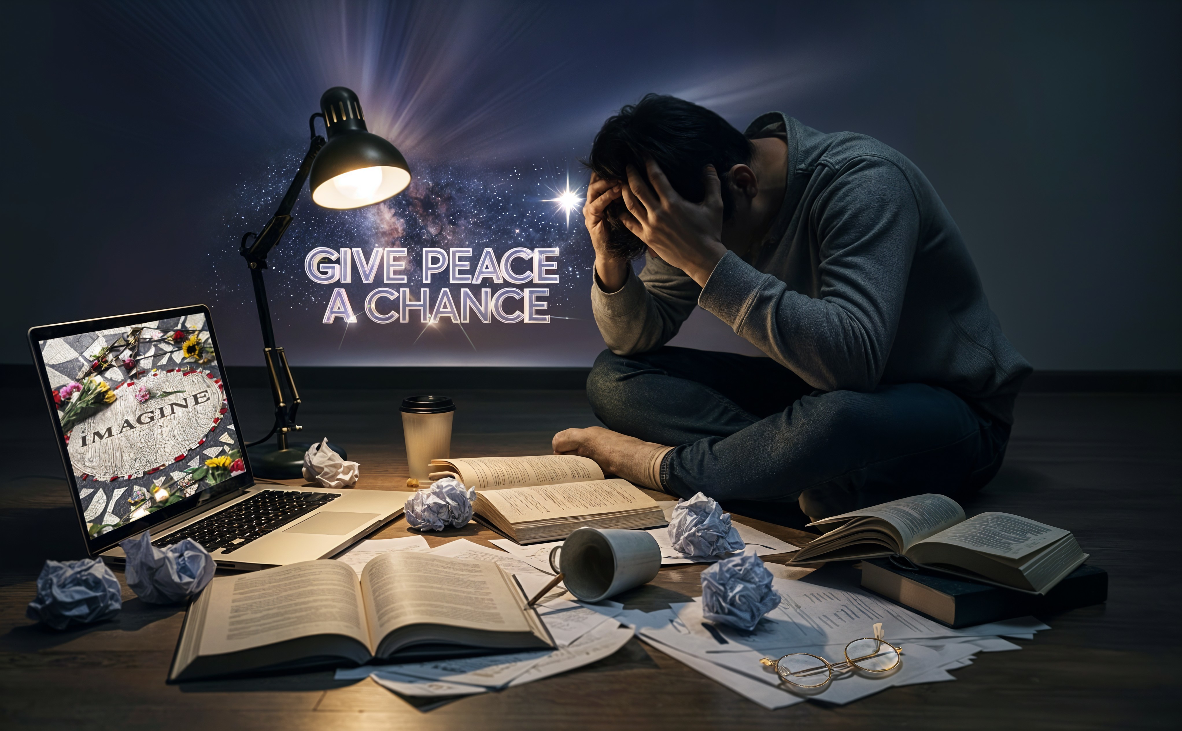 Student Surrounded by Books and Starry Night Sky