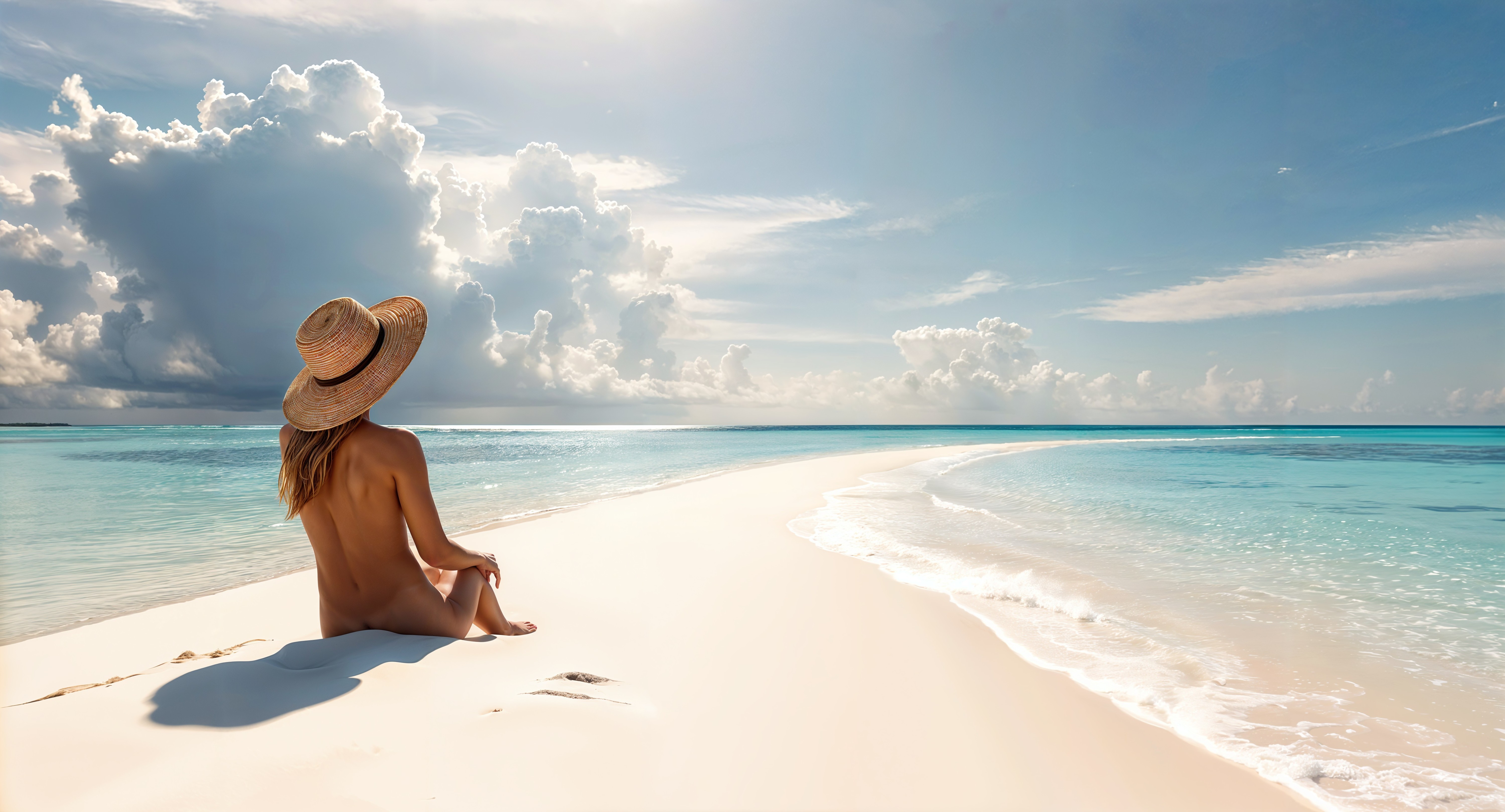 Serene beach scene with woman on a sandbar