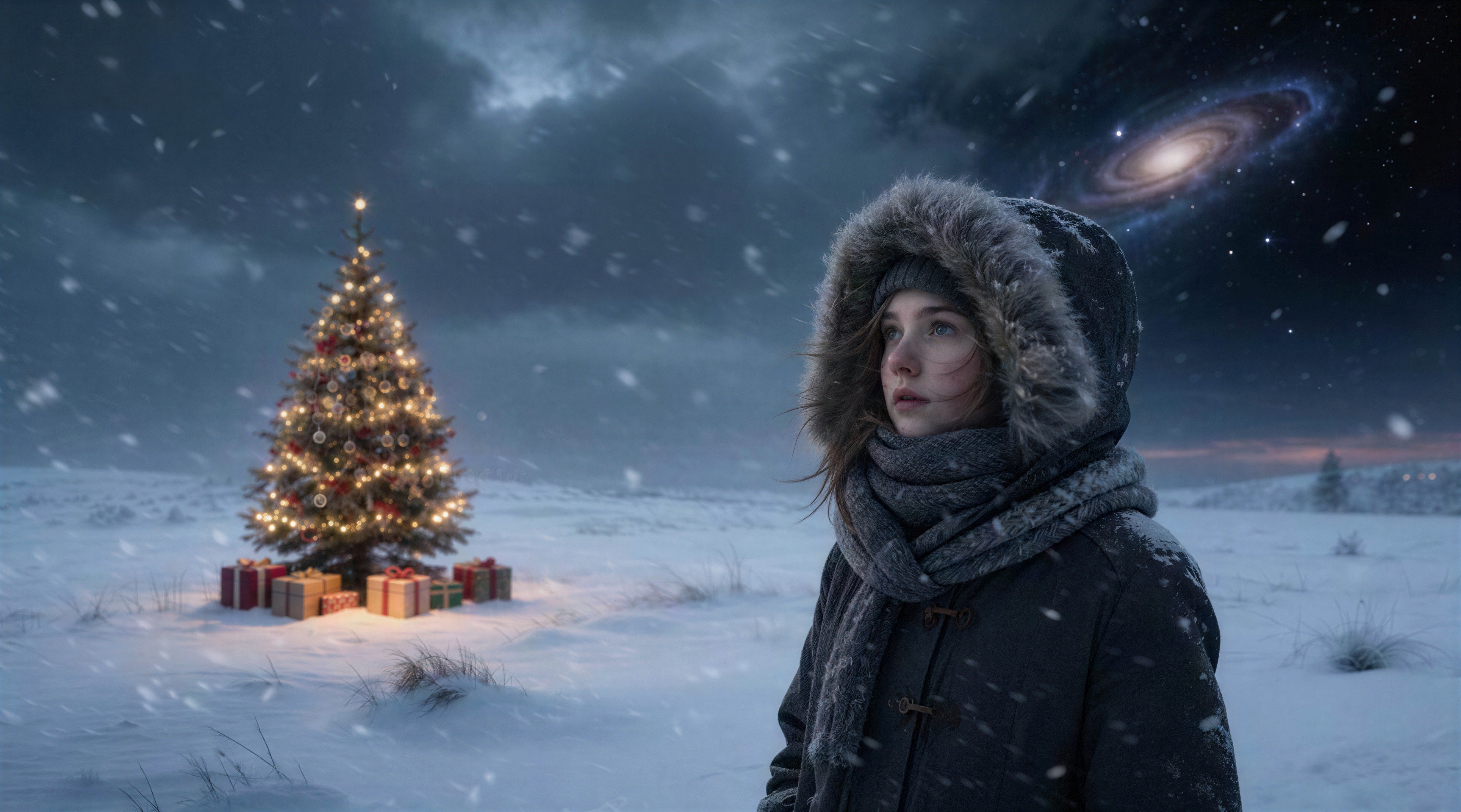 Young woman in winter attire surrounded by snowflakes