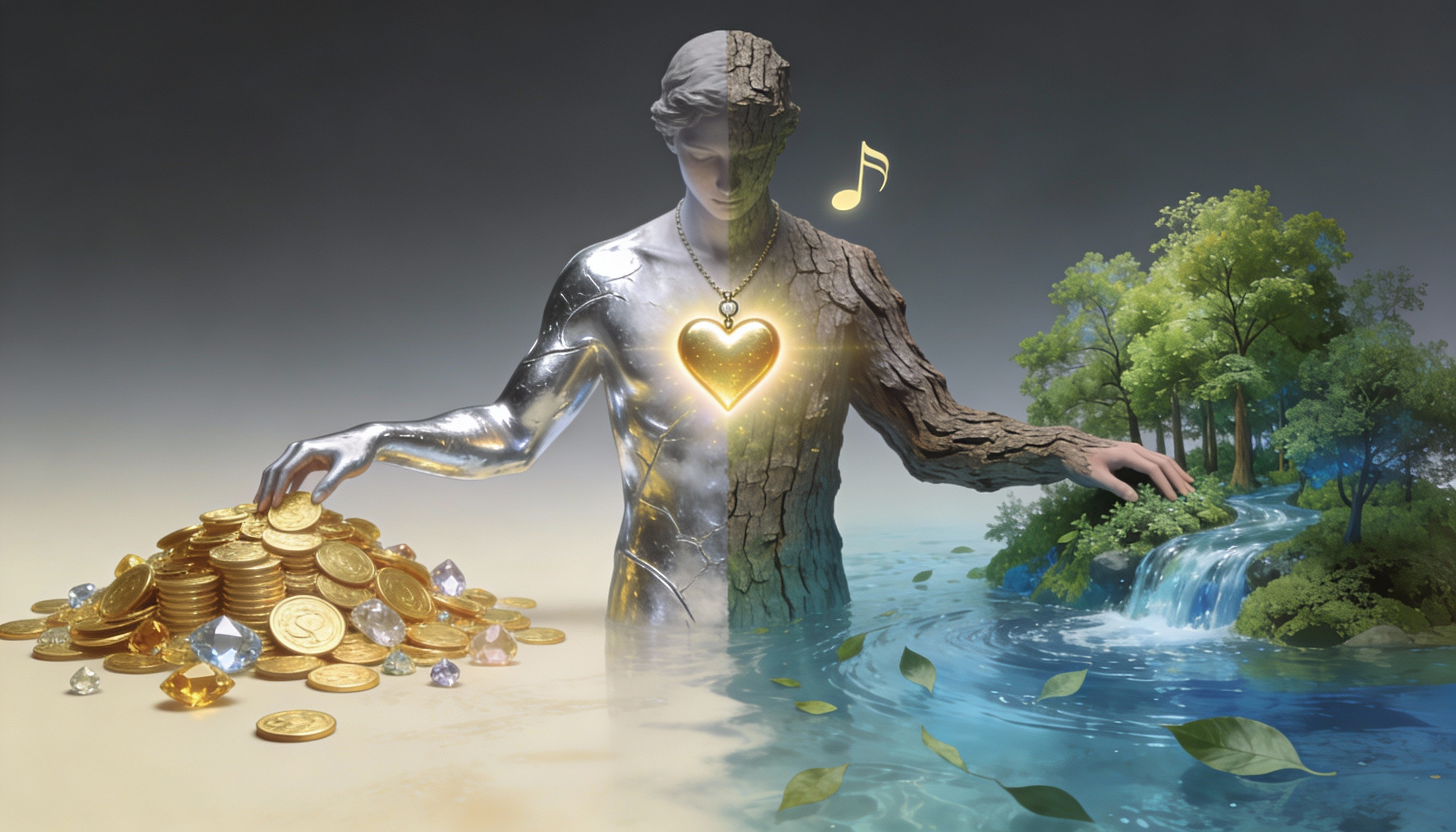 3D Render of a Dual Nature Figure with Gold Accents