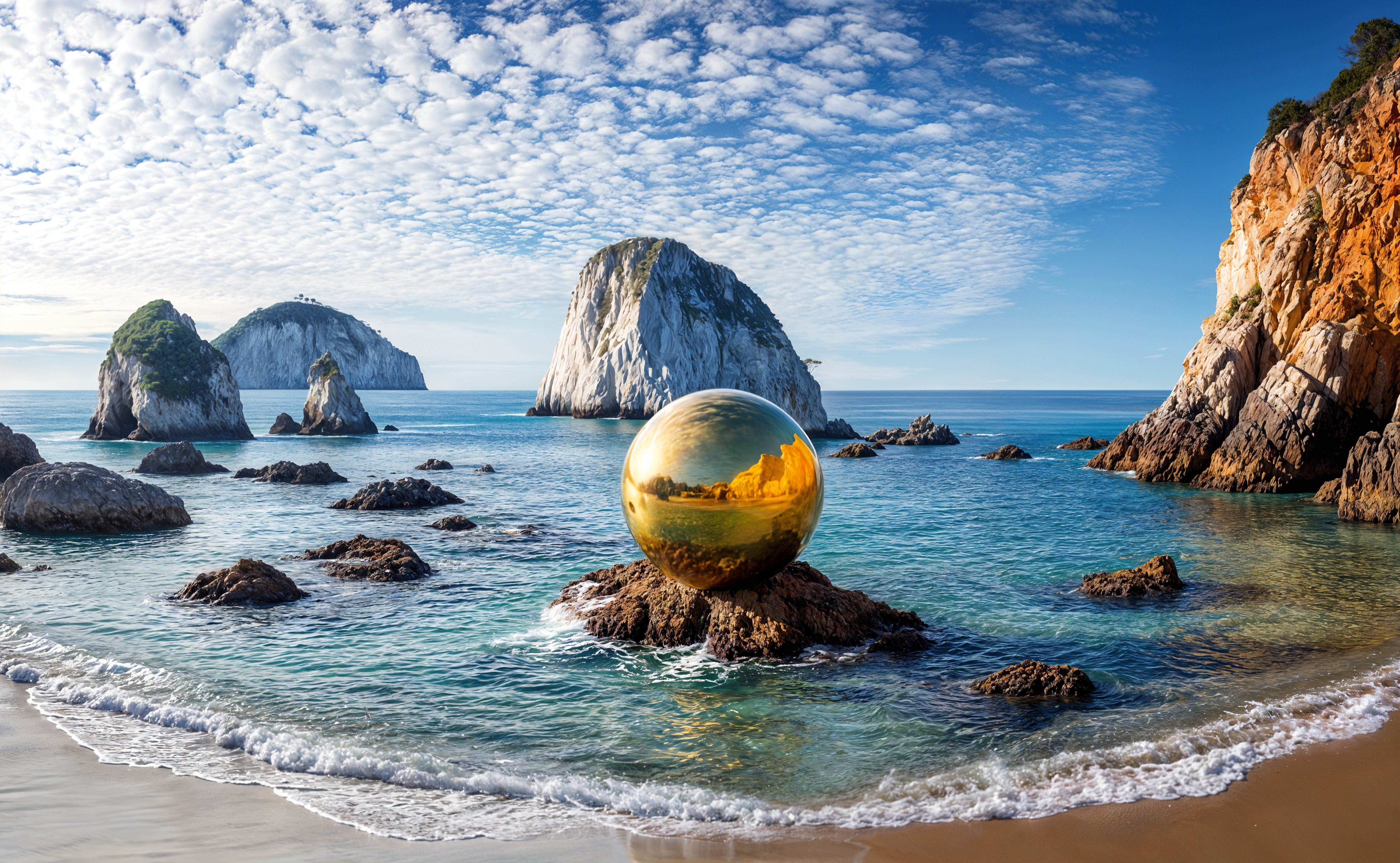 Serene Beach Scene with Golden Sphere and Cliffs