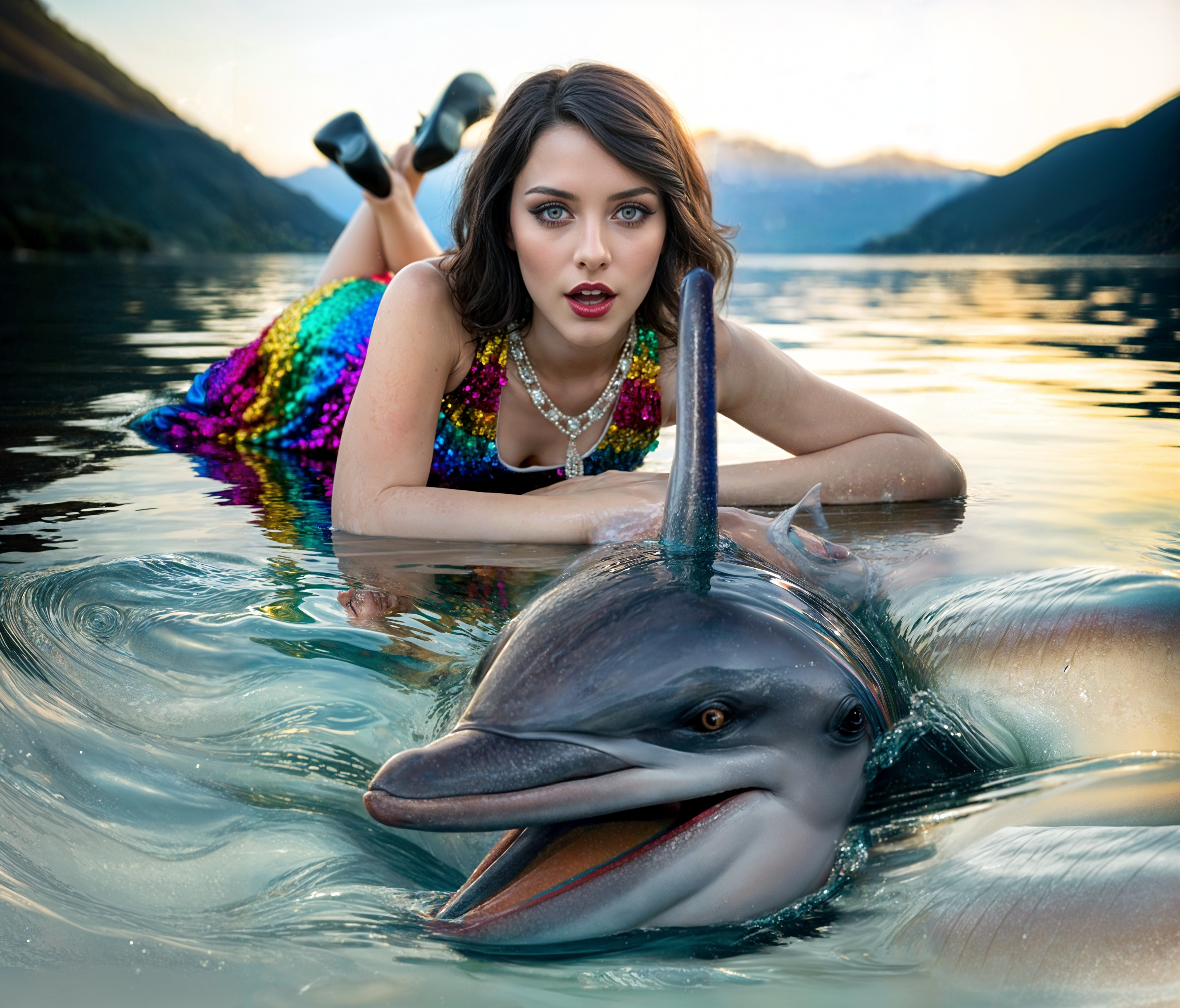 Glamorous Woman and Dolphin in Enchanting Landscape