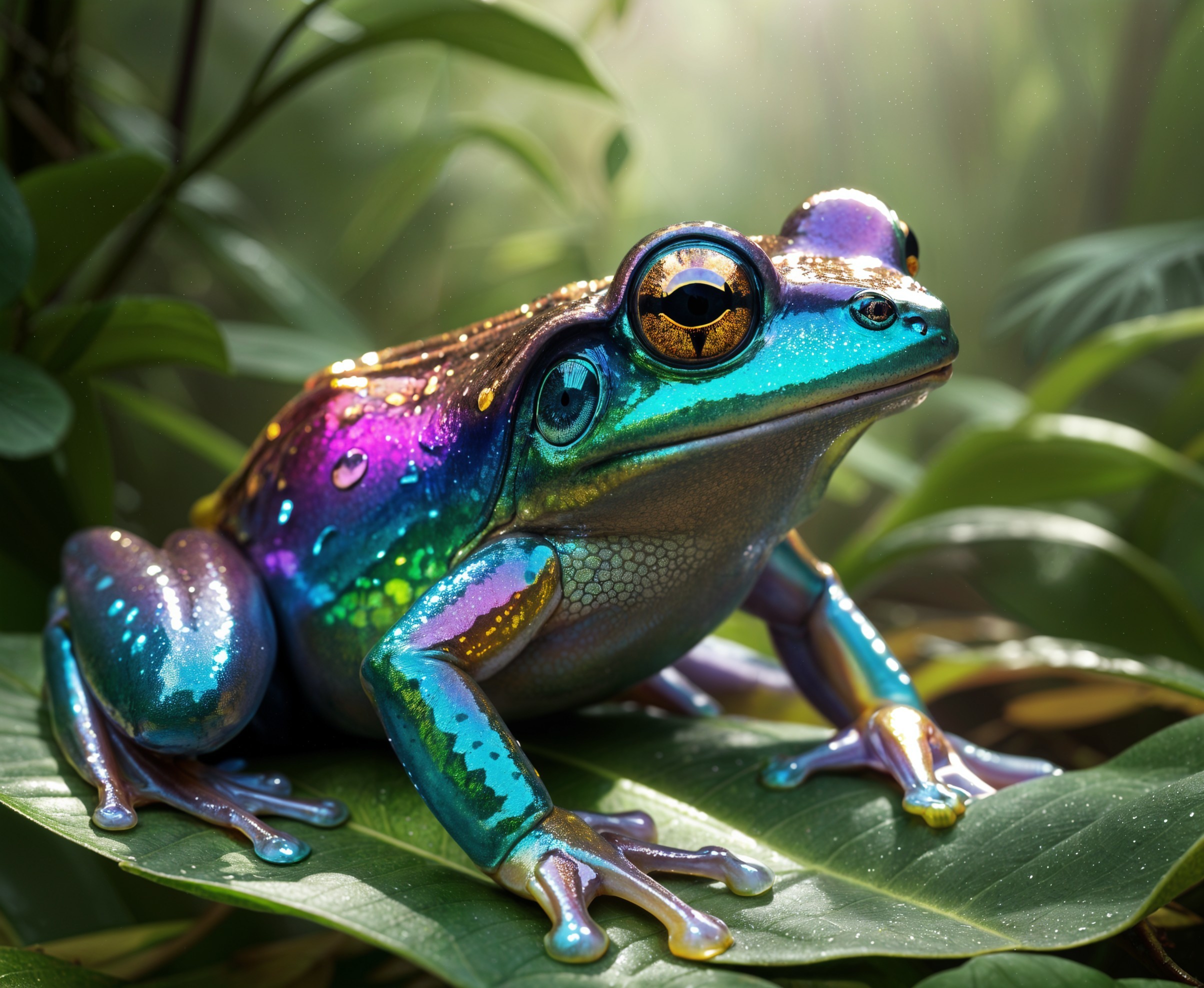 Iridescent Frog on a Lush Green Leaf in Rainforest