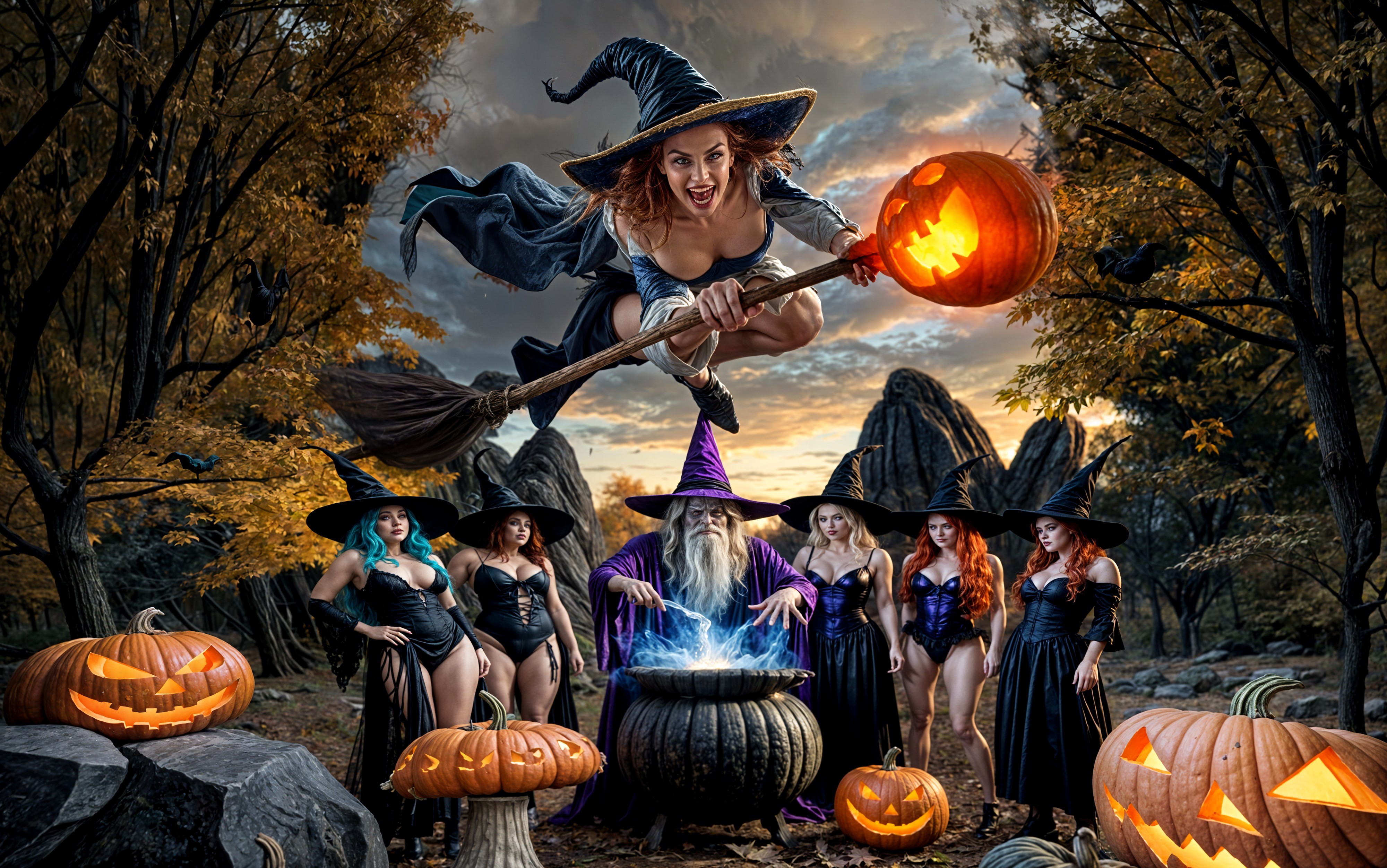 Autumn Scene with Witches, Pumpkins, and Magic