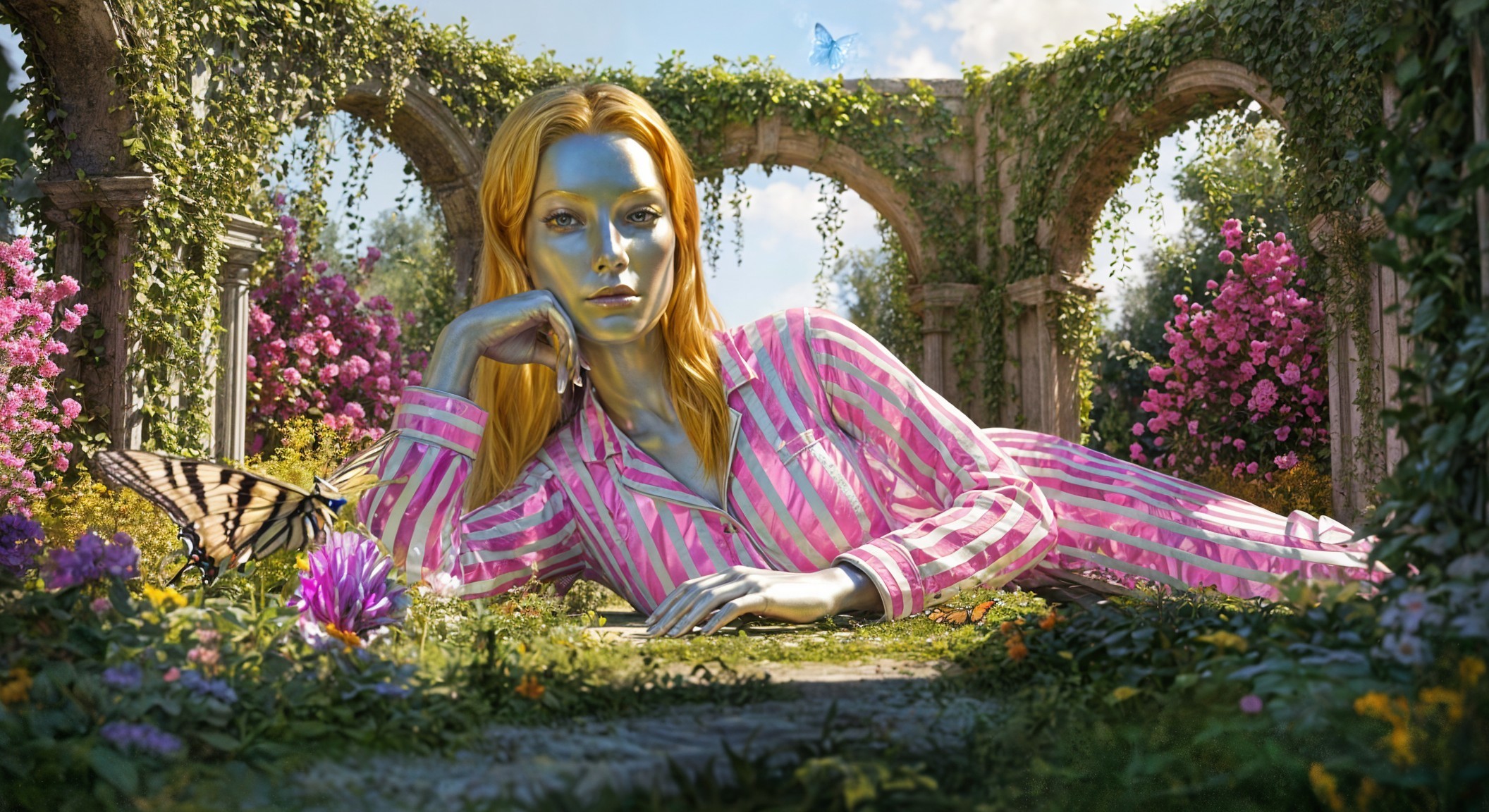 Surreal Scene of a Woman in a Flower Garden
