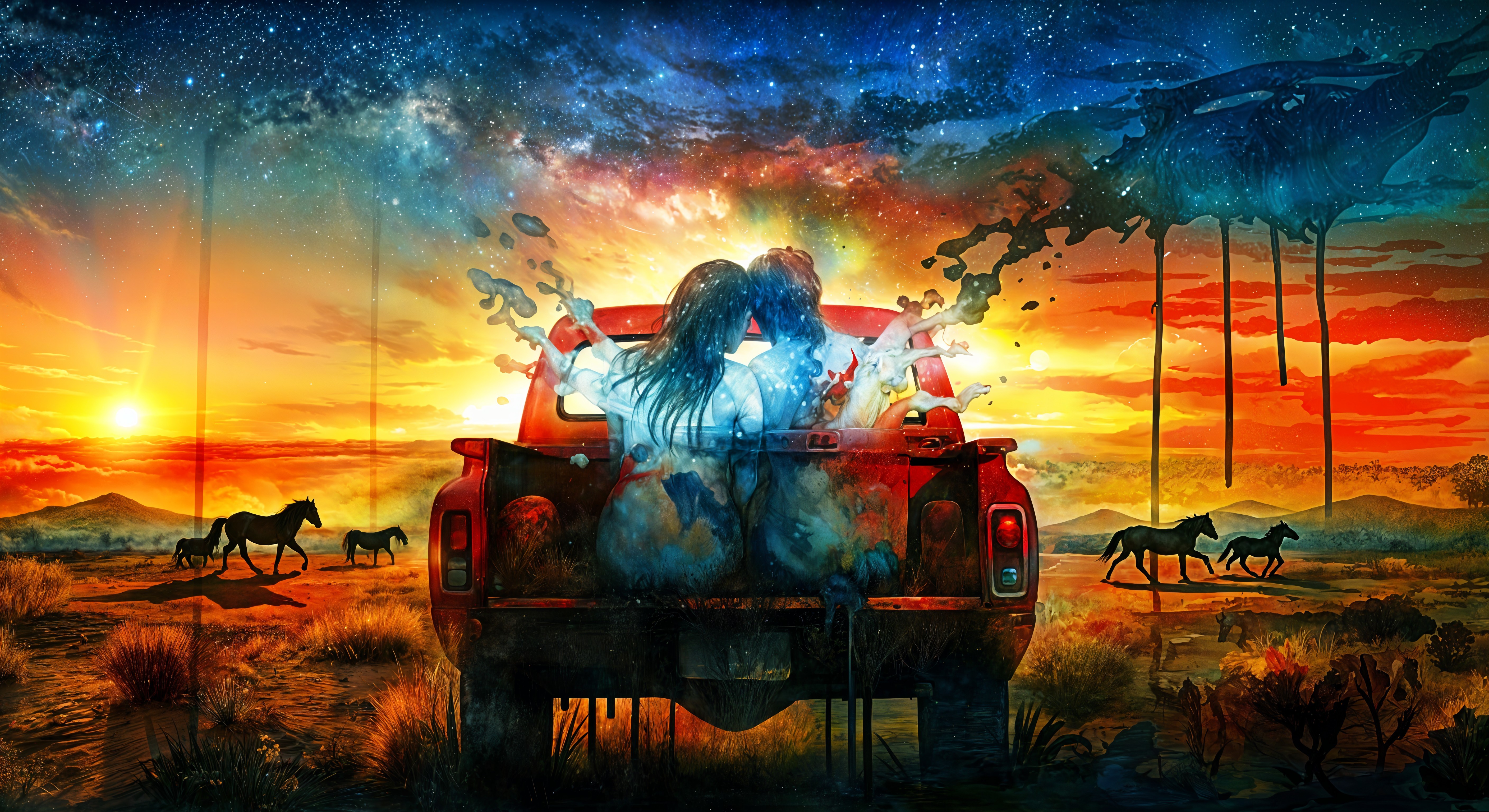 Couple on Truck Tailgate Against Sunset Landscape