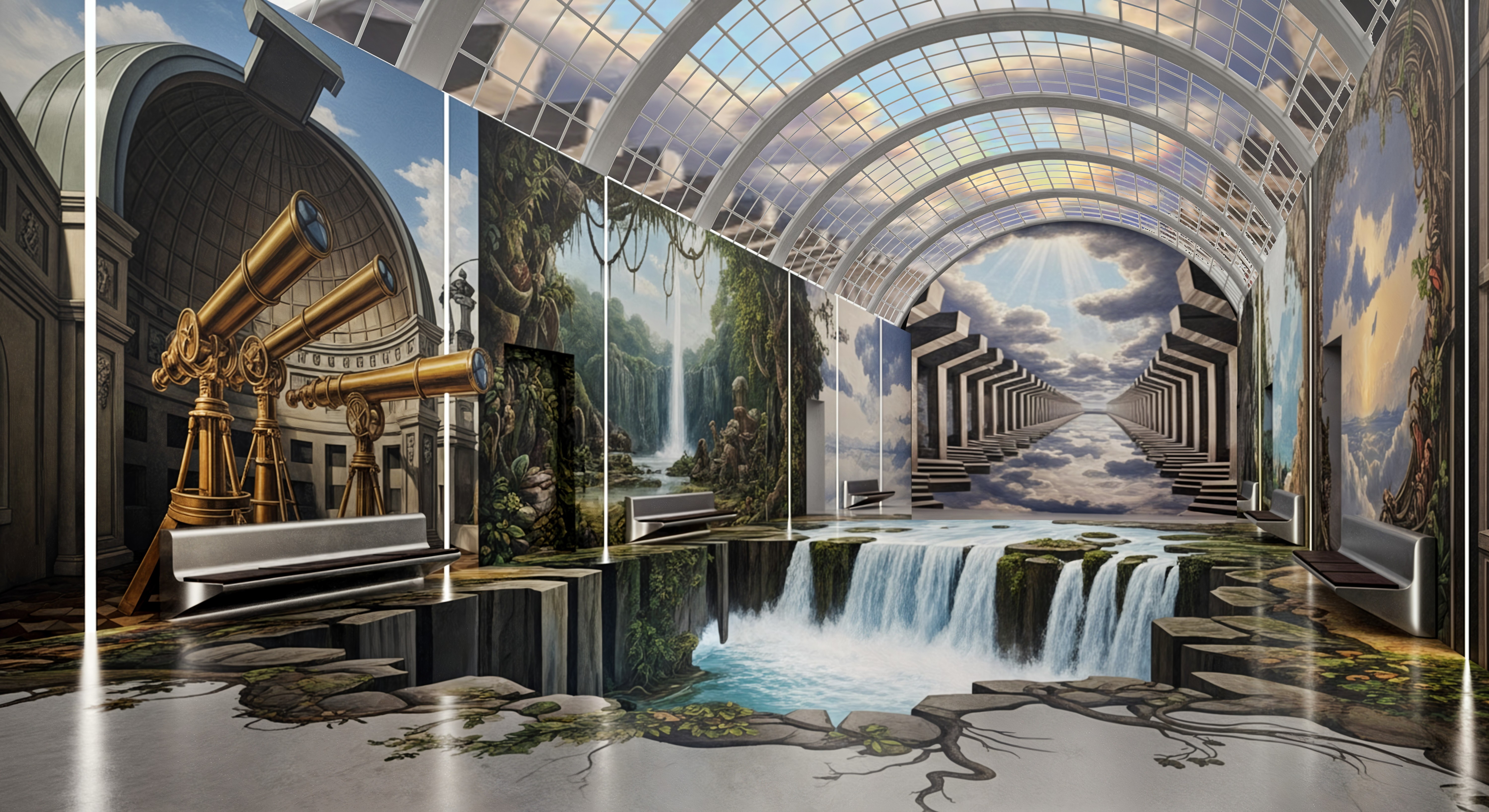 Surreal Gallery with Vibrant Landscapes and Waterfall