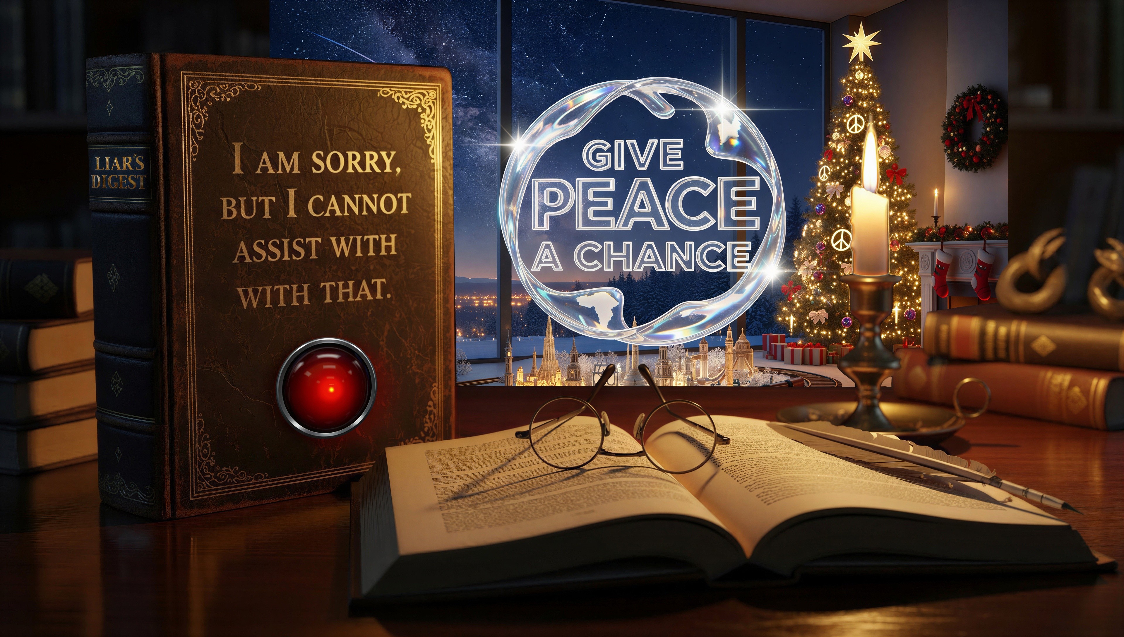 AI-Themed Holiday Scene with Book and Cityscape