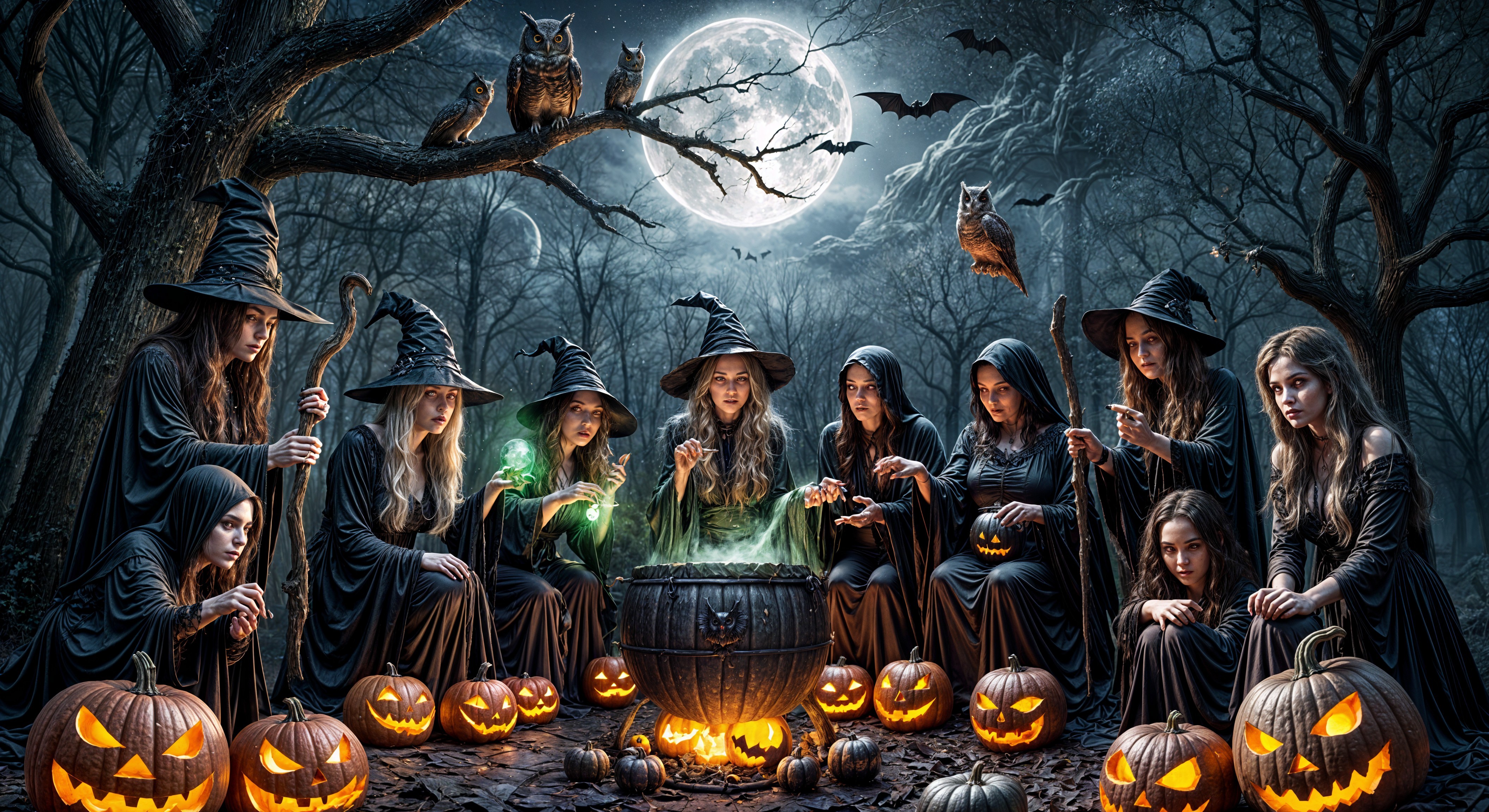 Witches Gather Around Cauldron in Moonlit Forest