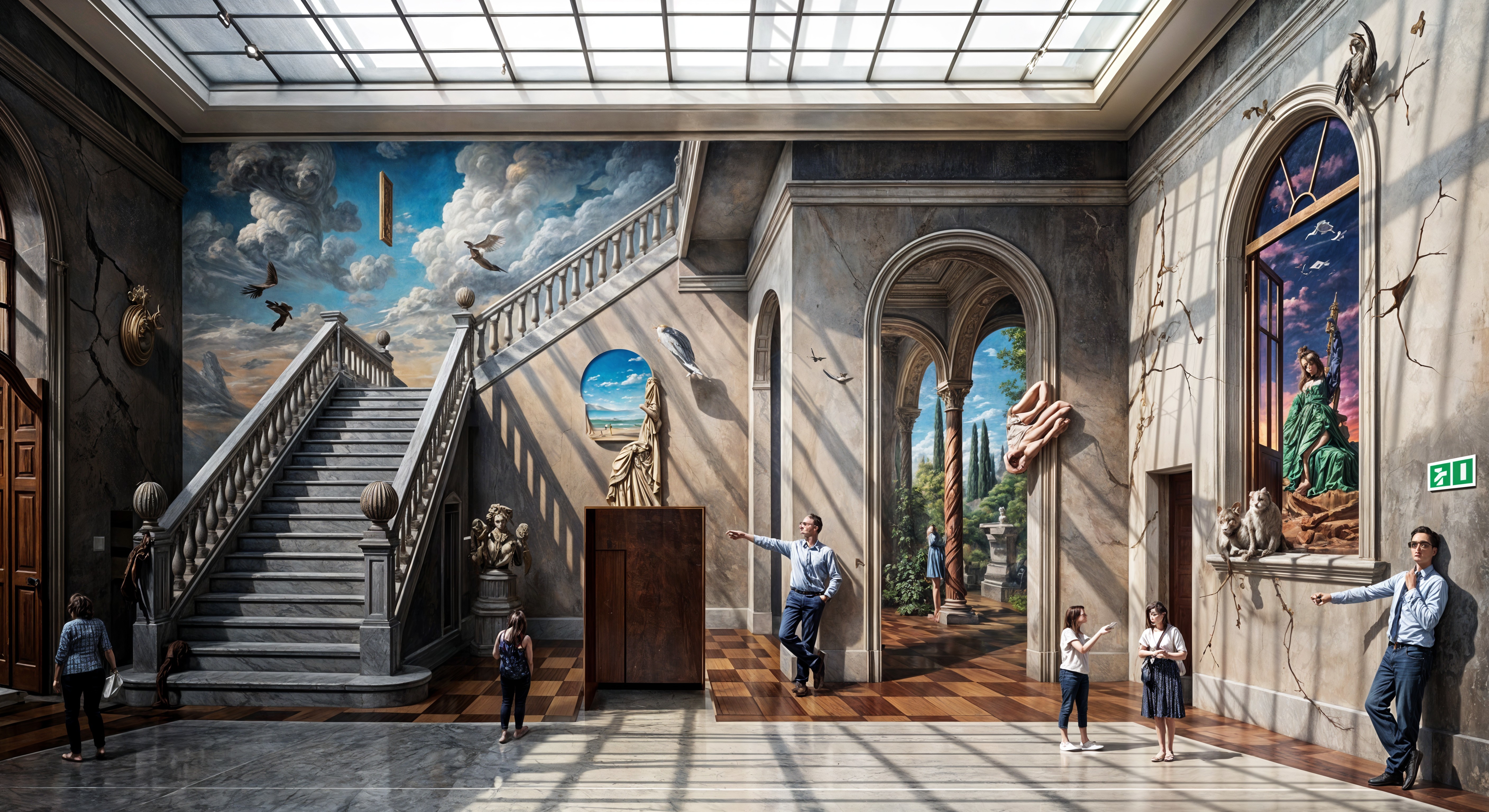 Surreal Interior with Elaborate Murals and Staircase