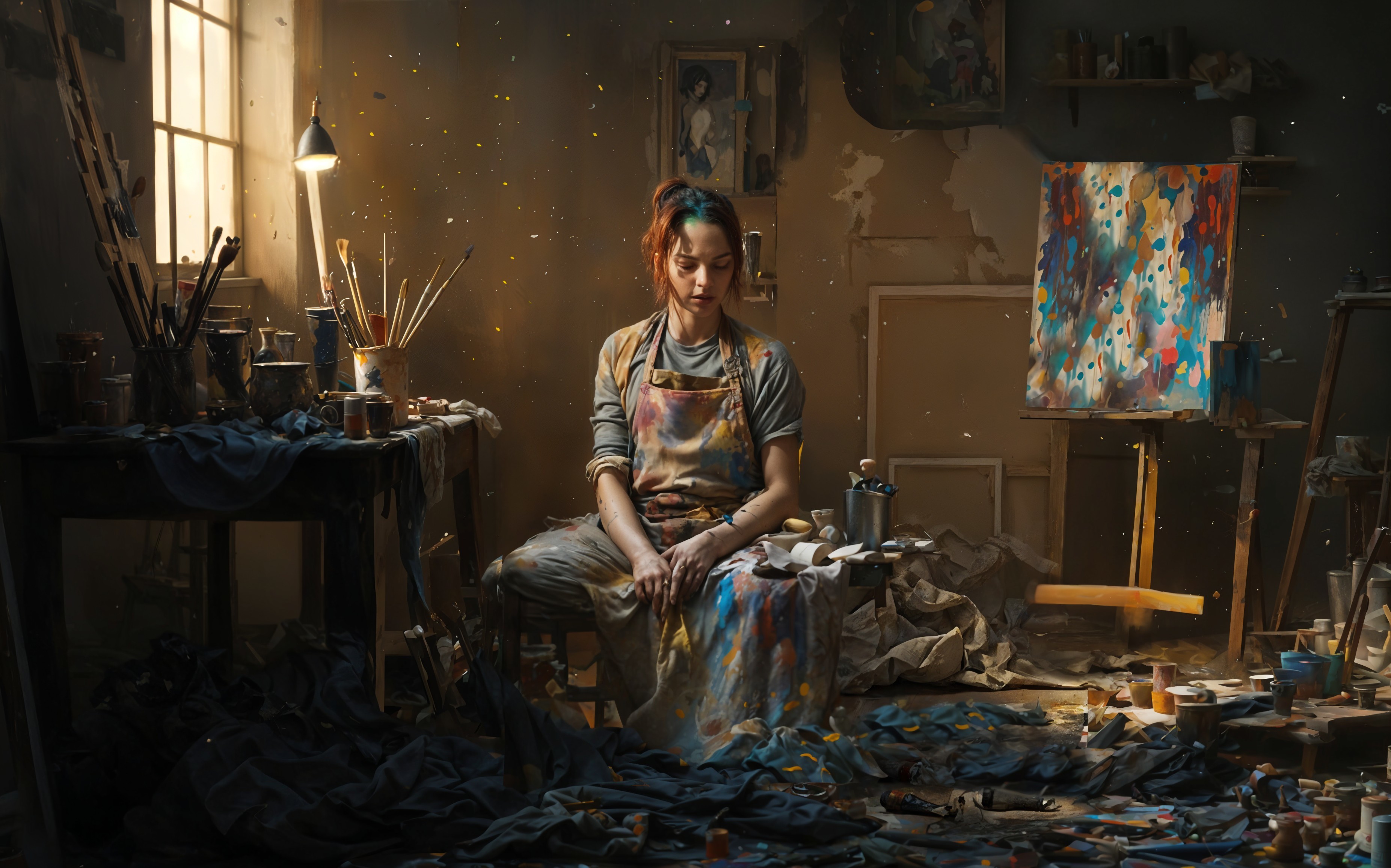 Young Woman in Paint-Splattered Studio Surrounded by Canvases