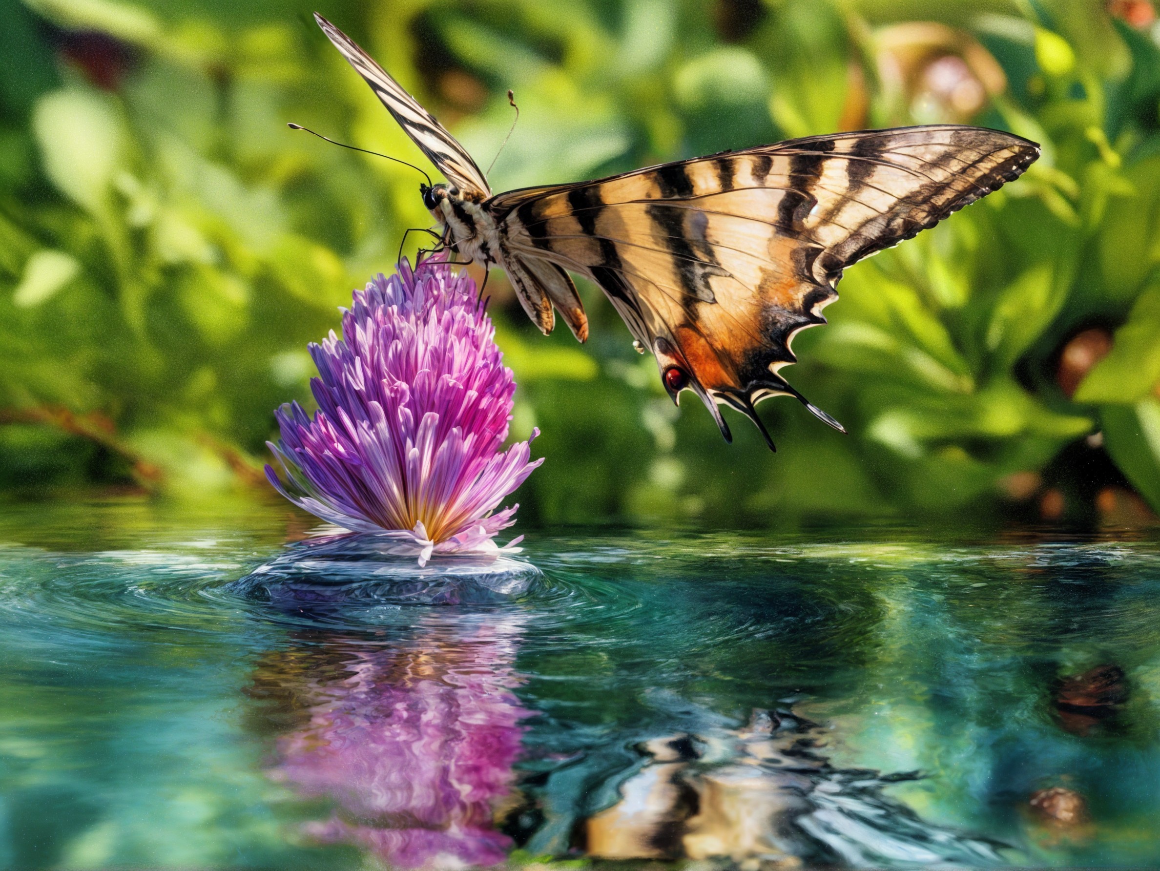 Butterfly on Purple Flower Amidst Lush Greenery
