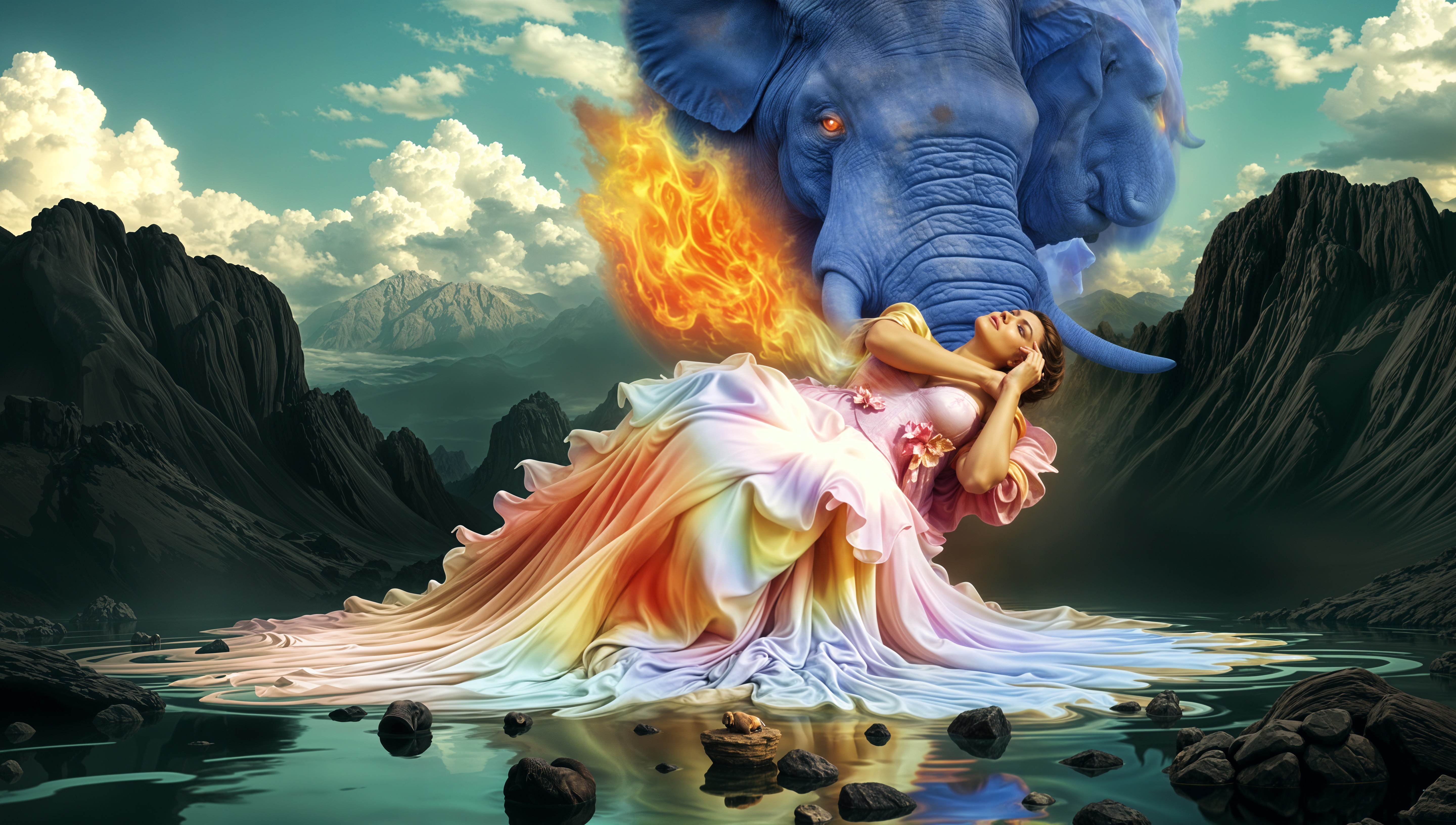 Surreal Landscape with Woman and Fire-Breathing Elephant