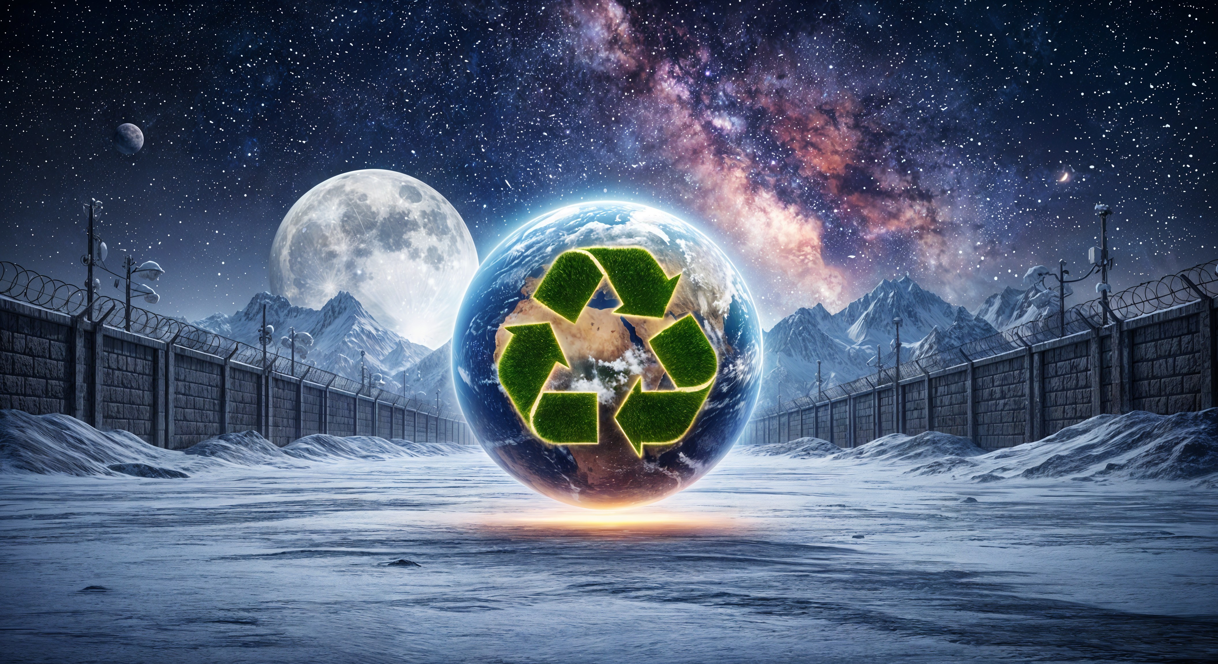 Stylized Earth in Cosmic Landscape with Recycling Symbol