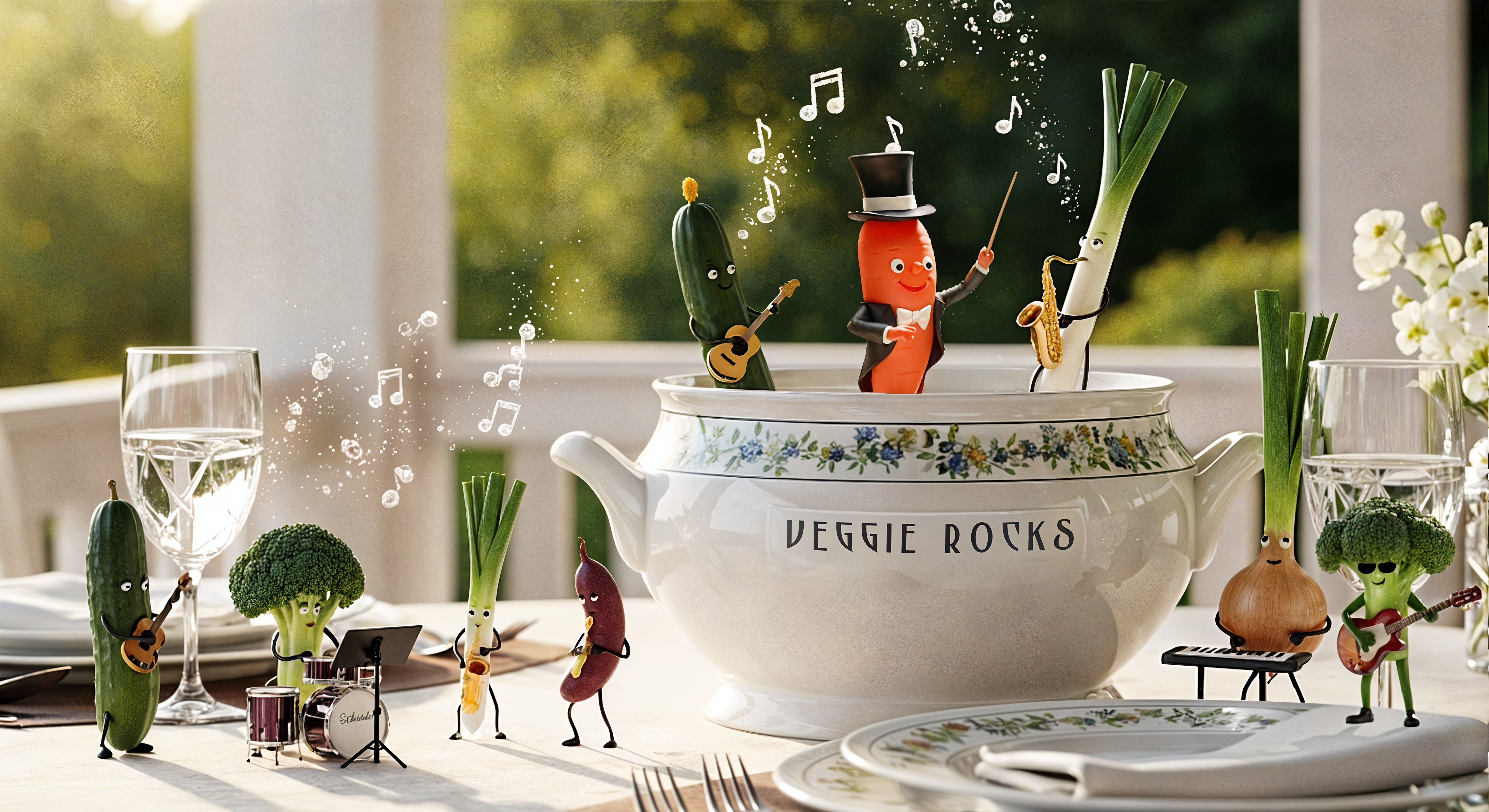 Animated Vegetables Performing Music in a Soup Pot