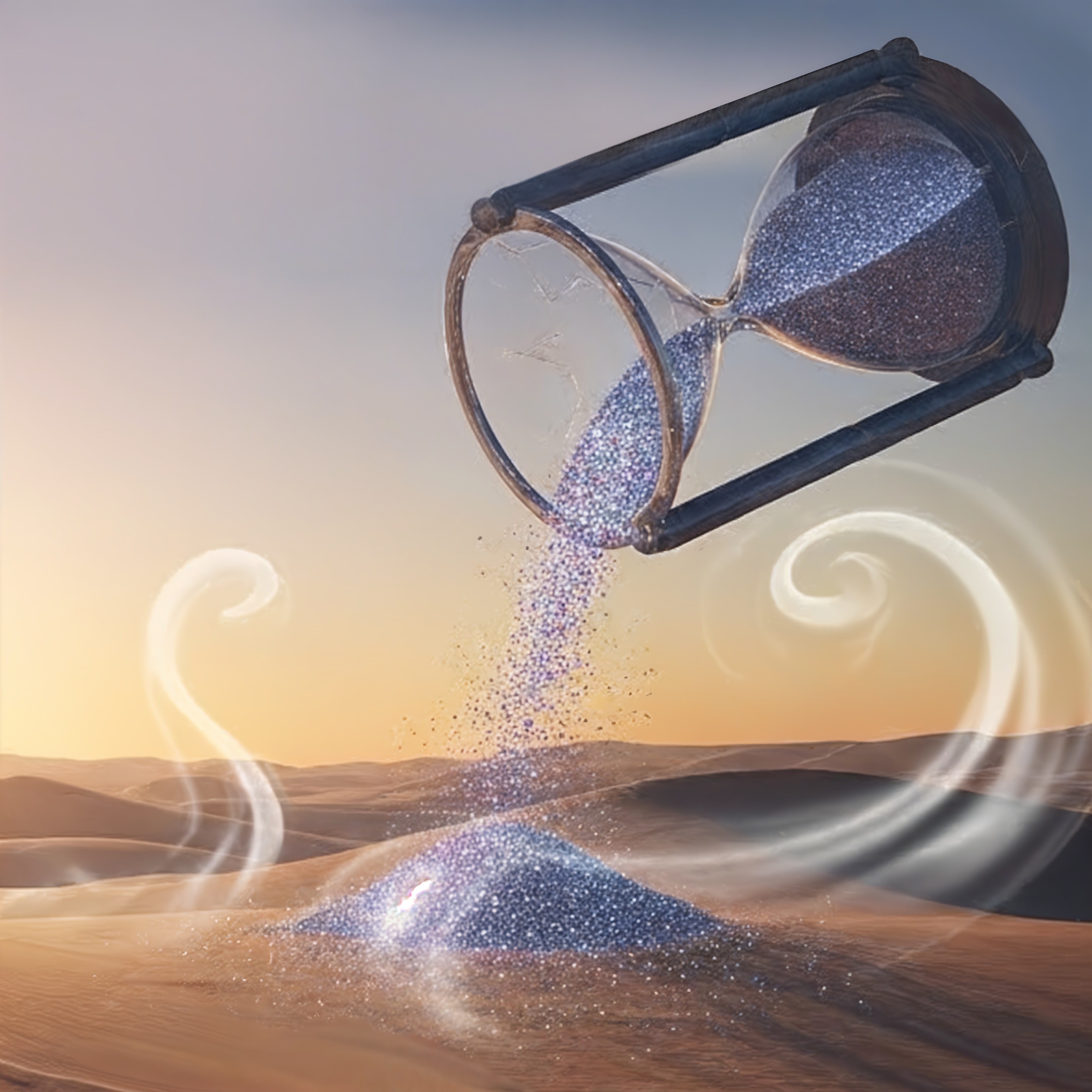 Broken Hourglass Over Desert at Sunset with Glitter Sand