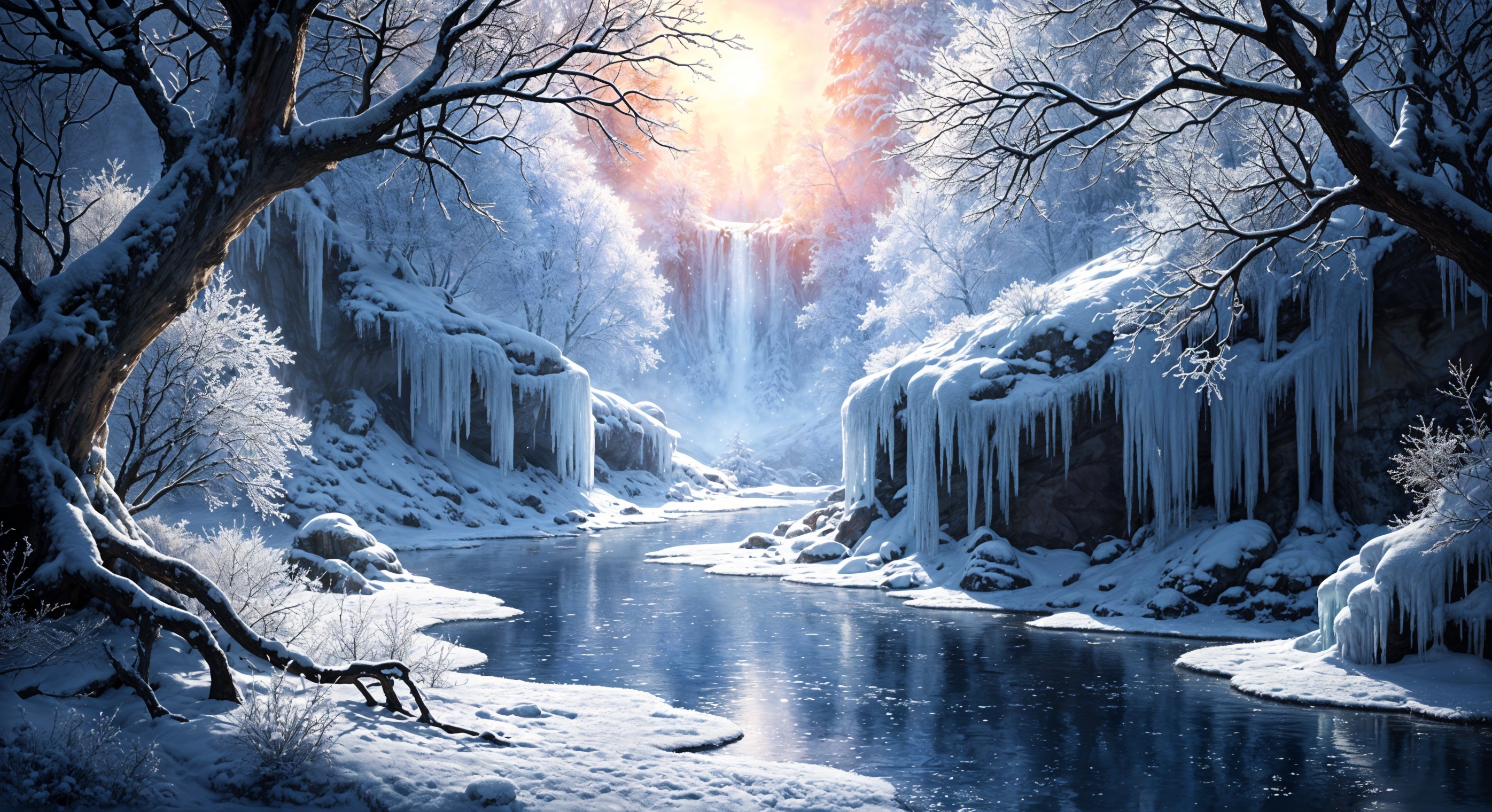 Serene Winter Landscape with River and Waterfall