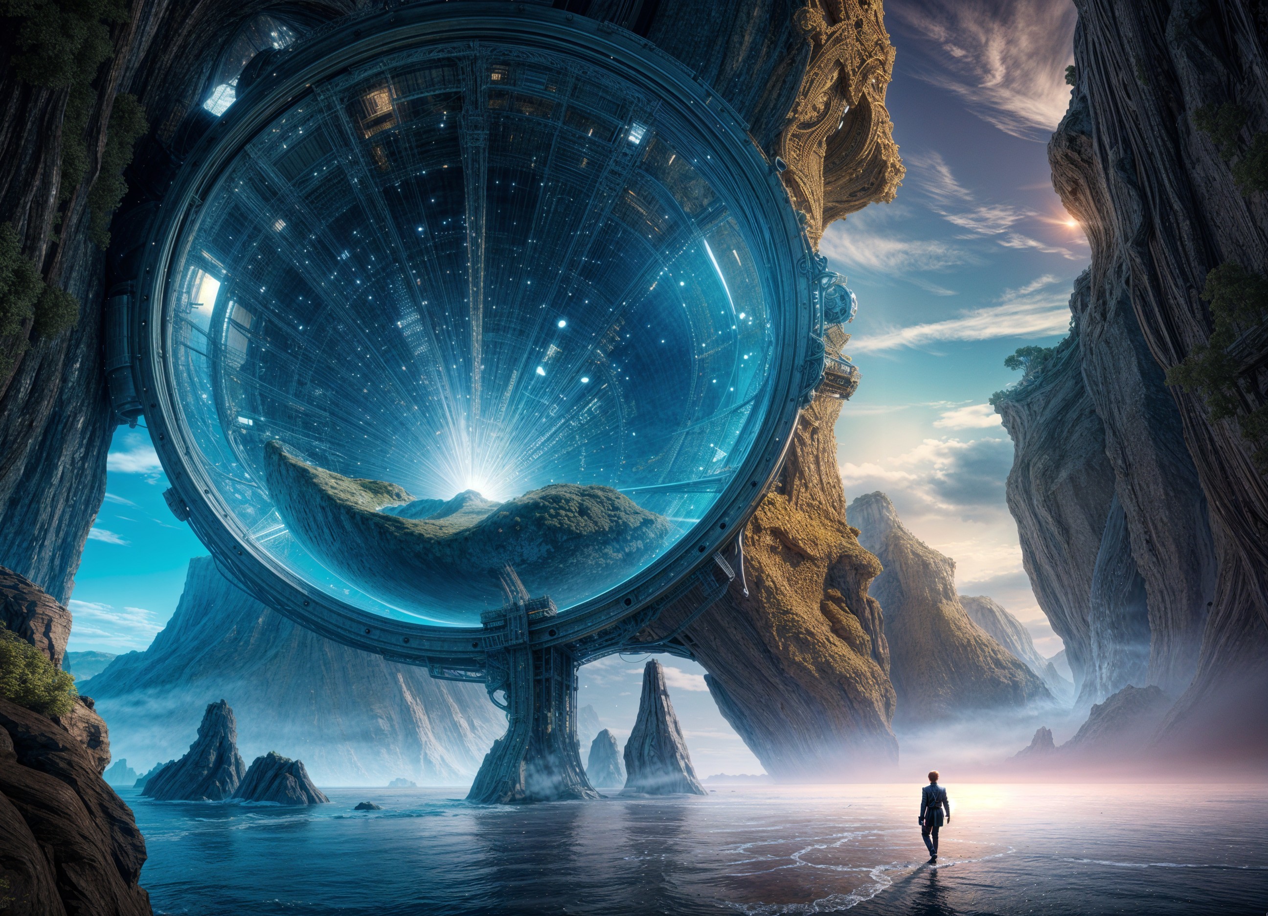 Futuristic portal amid cliffs with vibrant sky hues