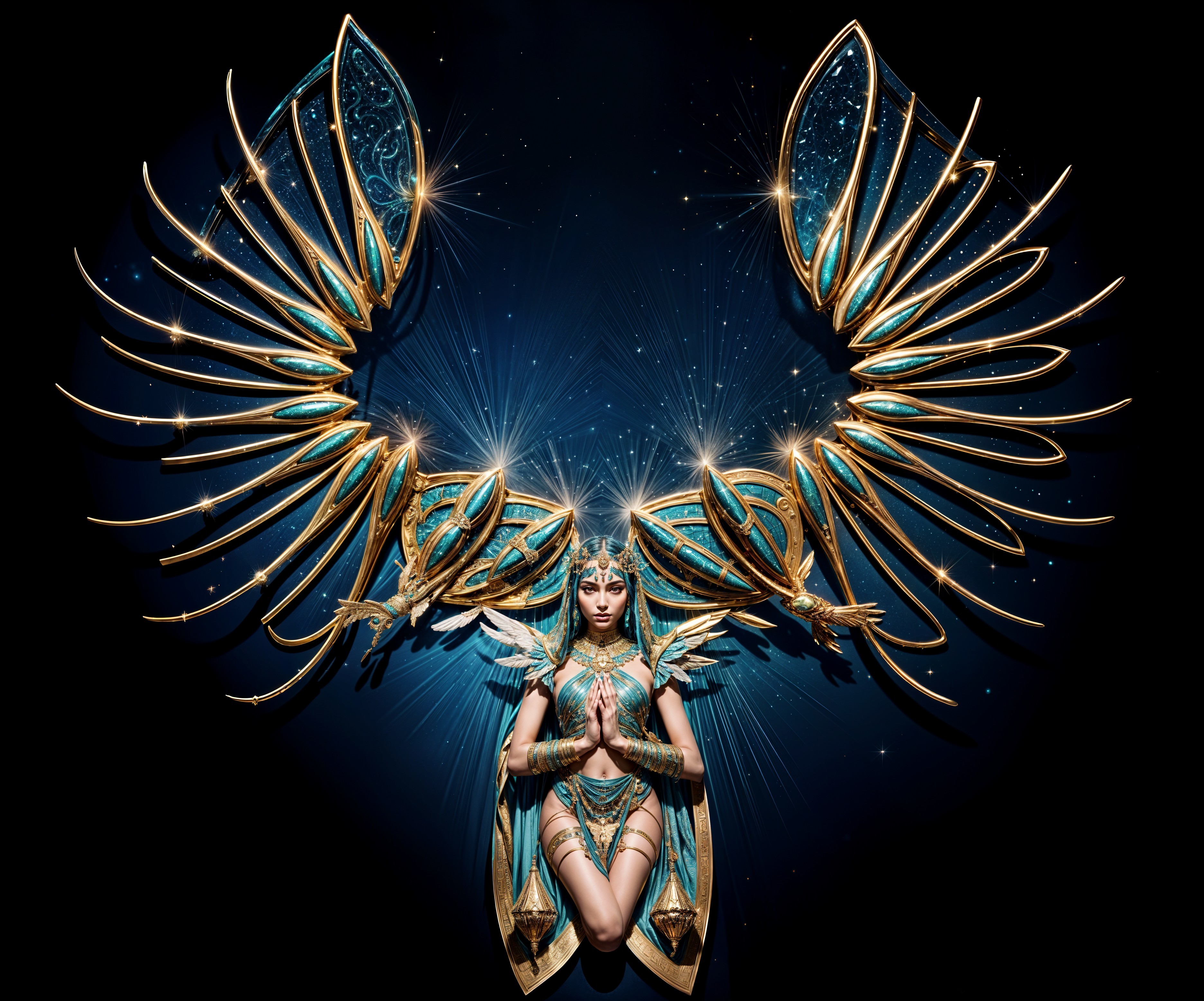 Majestic figure in blue and gold armor with wings
